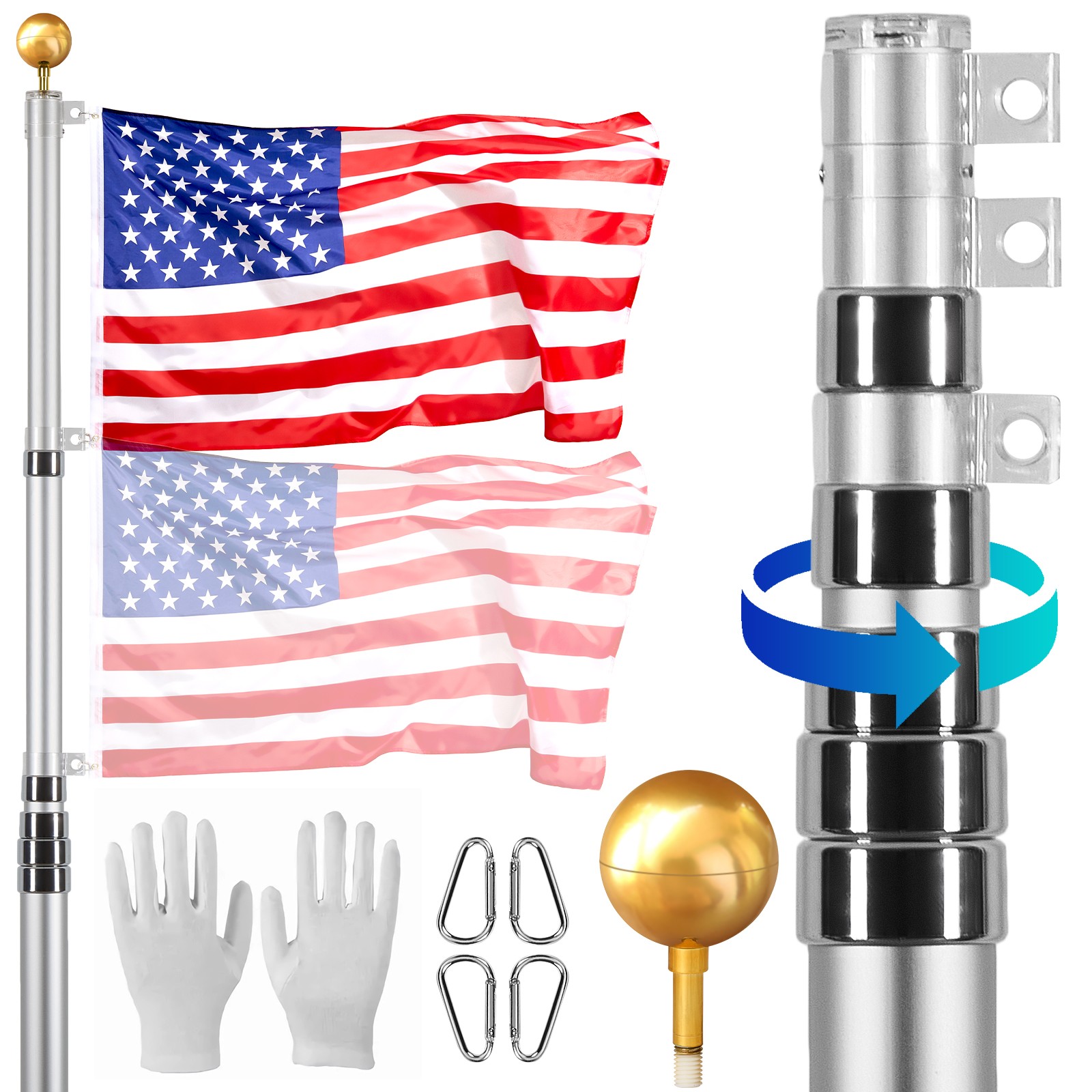 VEVOR 30FT Telescopic Flagpole Kit Heavy Duty Aluminum Flag Pole American Silver