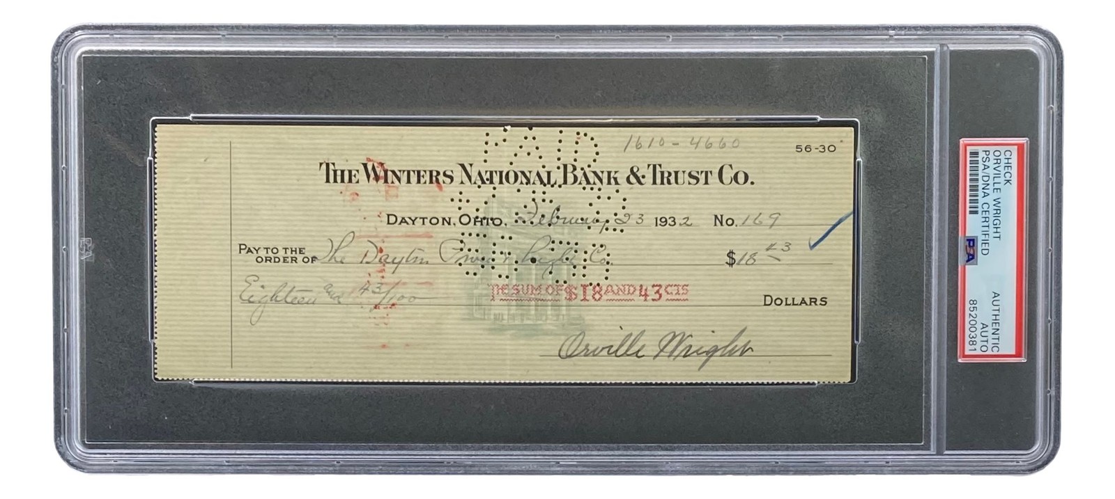 Orville Wright Signed Slabbed Bank Check PSA/DNA 85200381