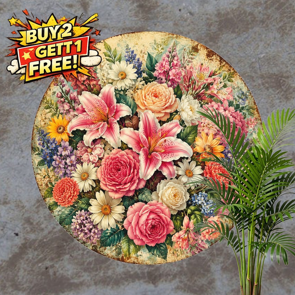 Vibrant Multicolor Floral Bouquet Round Metal Tin Sign Spring Decor 8x8