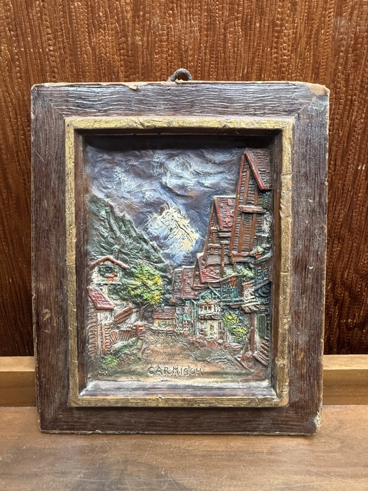 Vintage Garmisch Germany Hand Painted Wax Relief Plaque 10.5 x 12.5