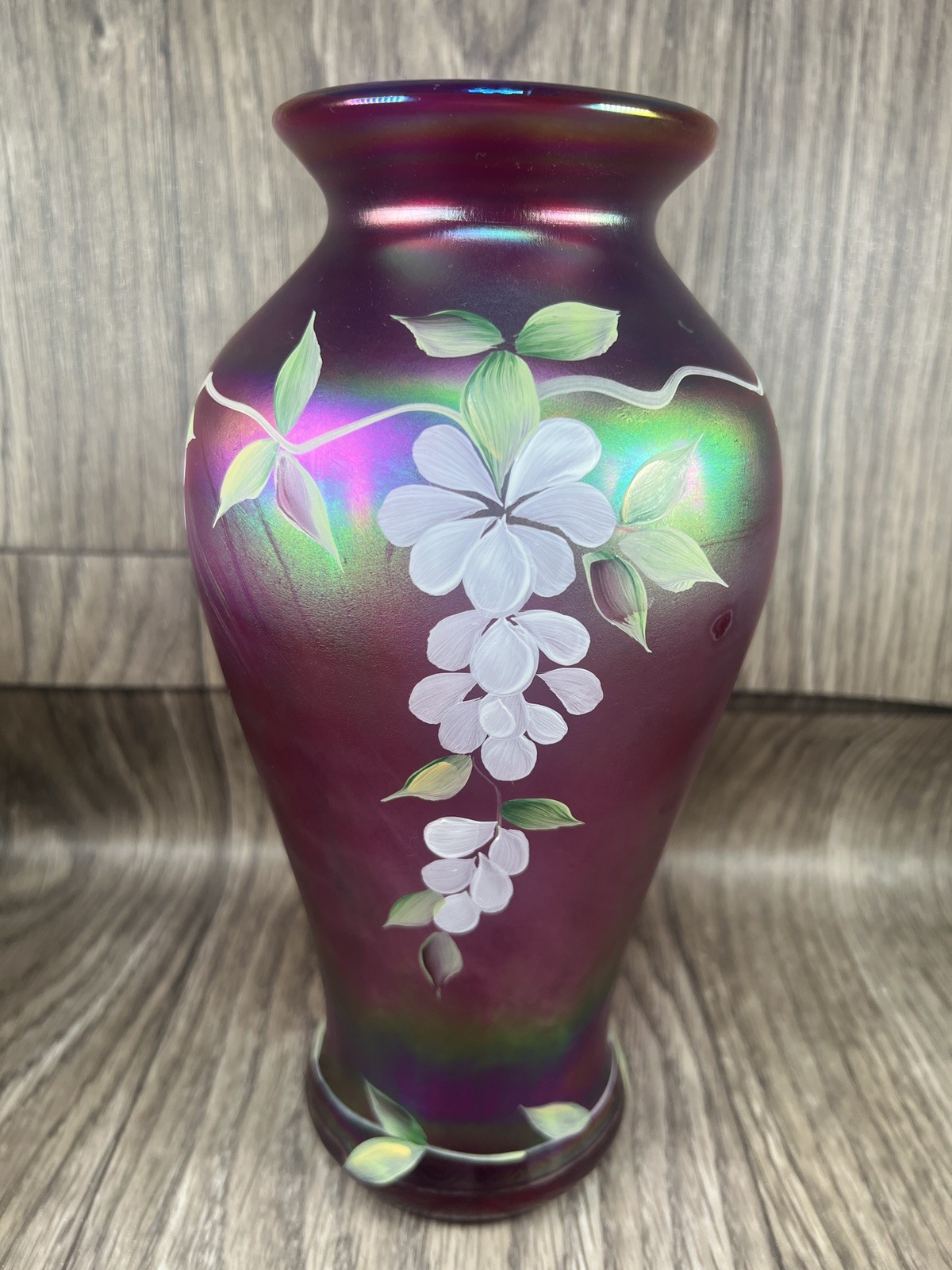 Fenton 2003 Heirloom Optics Collection Ruby Iridescent Hand Painted Vase Fenton 2003 Heirloom Optics Collection Ruby Iridescent Hand Painted Vase