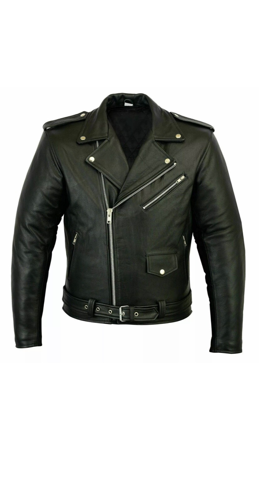 Men\'s Classic Style Black Genuine Cowhide Leather Motorcycle Biker Jacket Coat