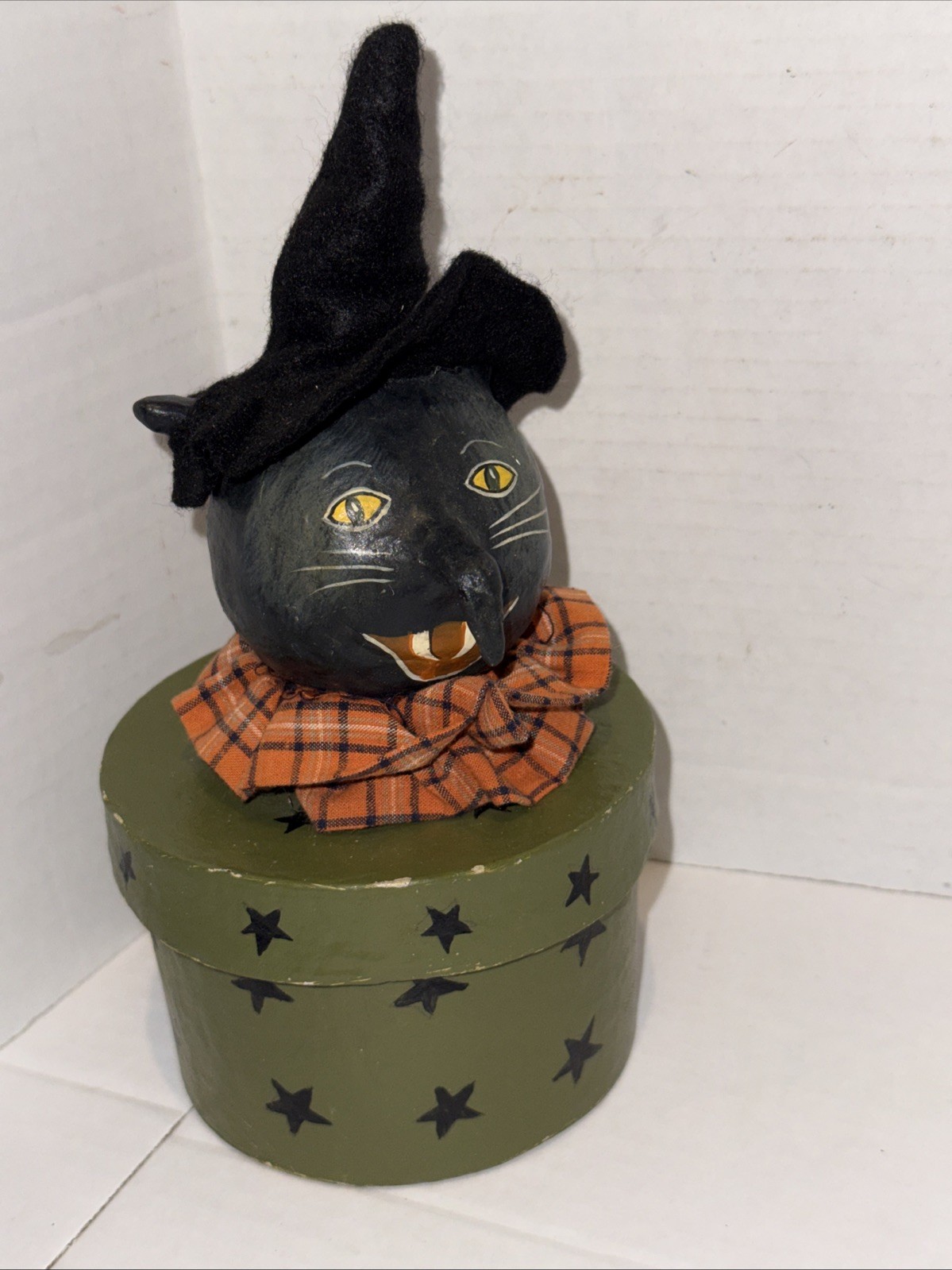 Primitive Folk Art Halloween Pantry BOX With Black Witch Cat Primitive Folk Art Halloween Pantry BOX With Black Witch Cat