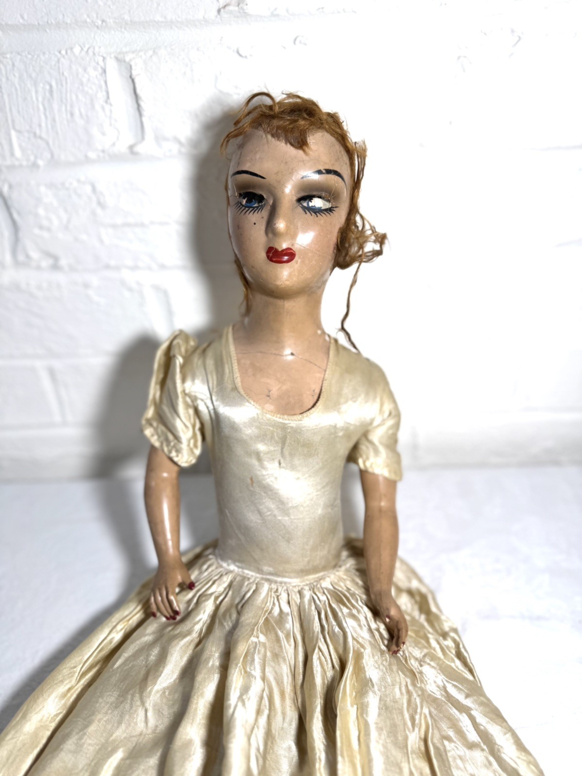 Antique French Boudoir Salon Doll 25” Art Deco 1920s Painted Face Satin Gown Antique French Boudoir Salon Doll 25” Art Deco 1920s Painted Face Satin Gown