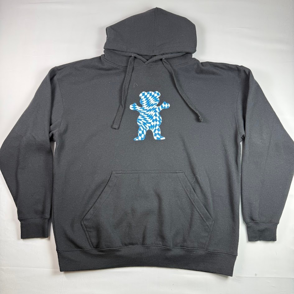Grizzly Griptape Mens XL Hoodie Black Blue Checkered Bear Logo Skate Pullover