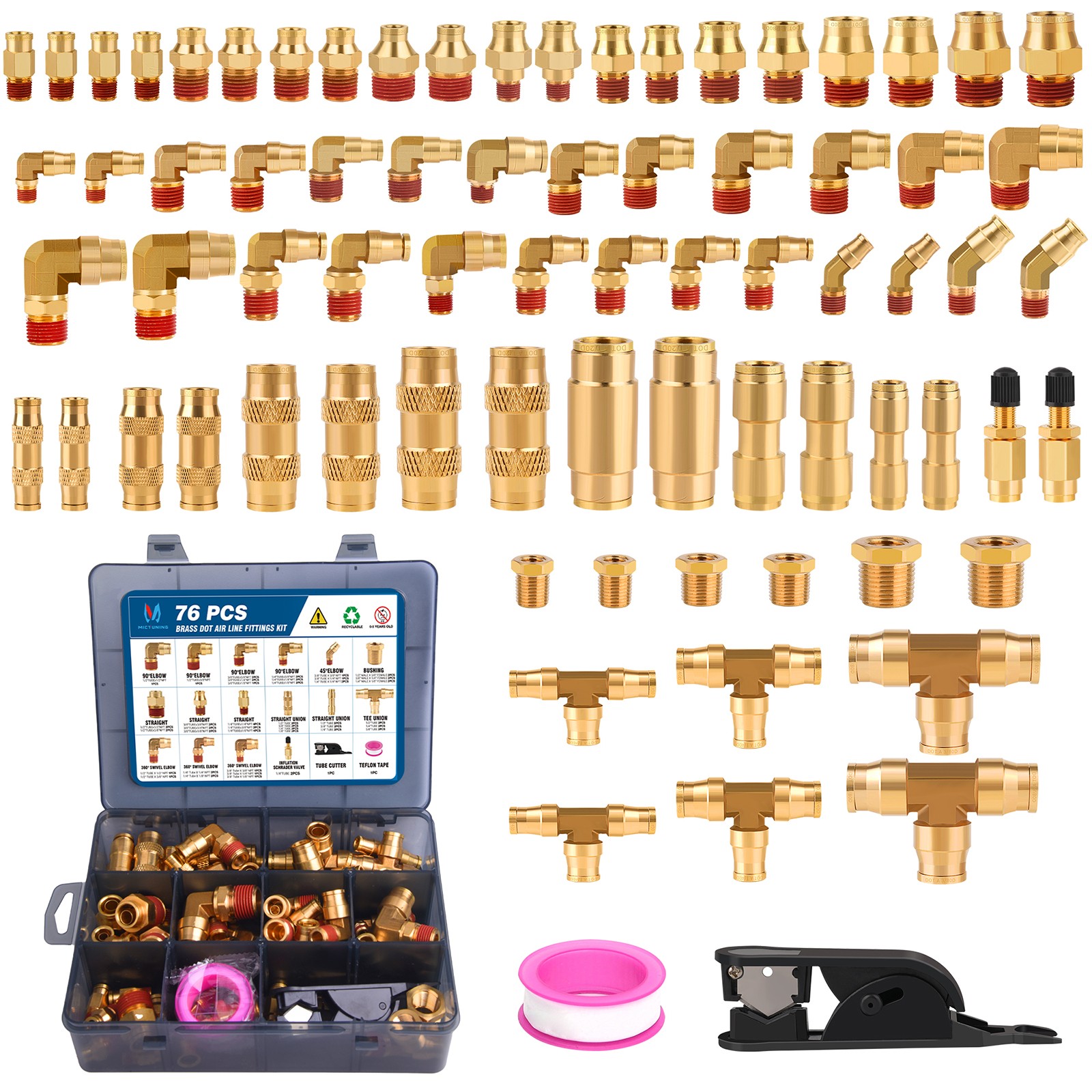 76Pack Brass DOT Air Brake Line Fittings for Semi truck air line kit 1/2 1/4 3/8