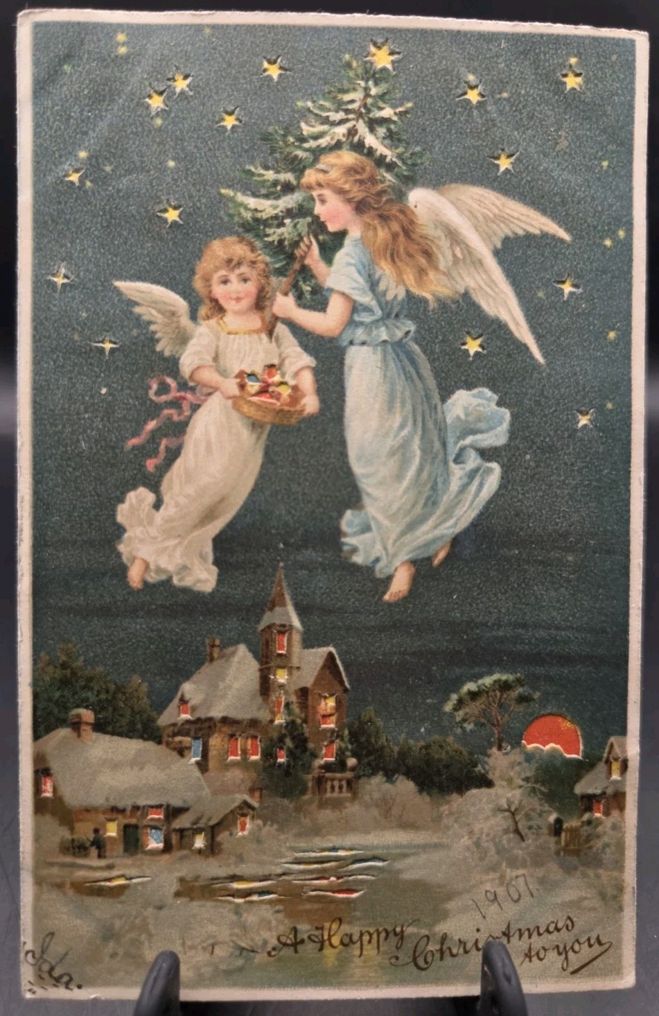 Antique Hold To Light * Christmas ANGELS Toys Snow Village Postcard 1900s Antique Hold To Light * Christmas ANGELS Toys Snow Village Postcard 1900s