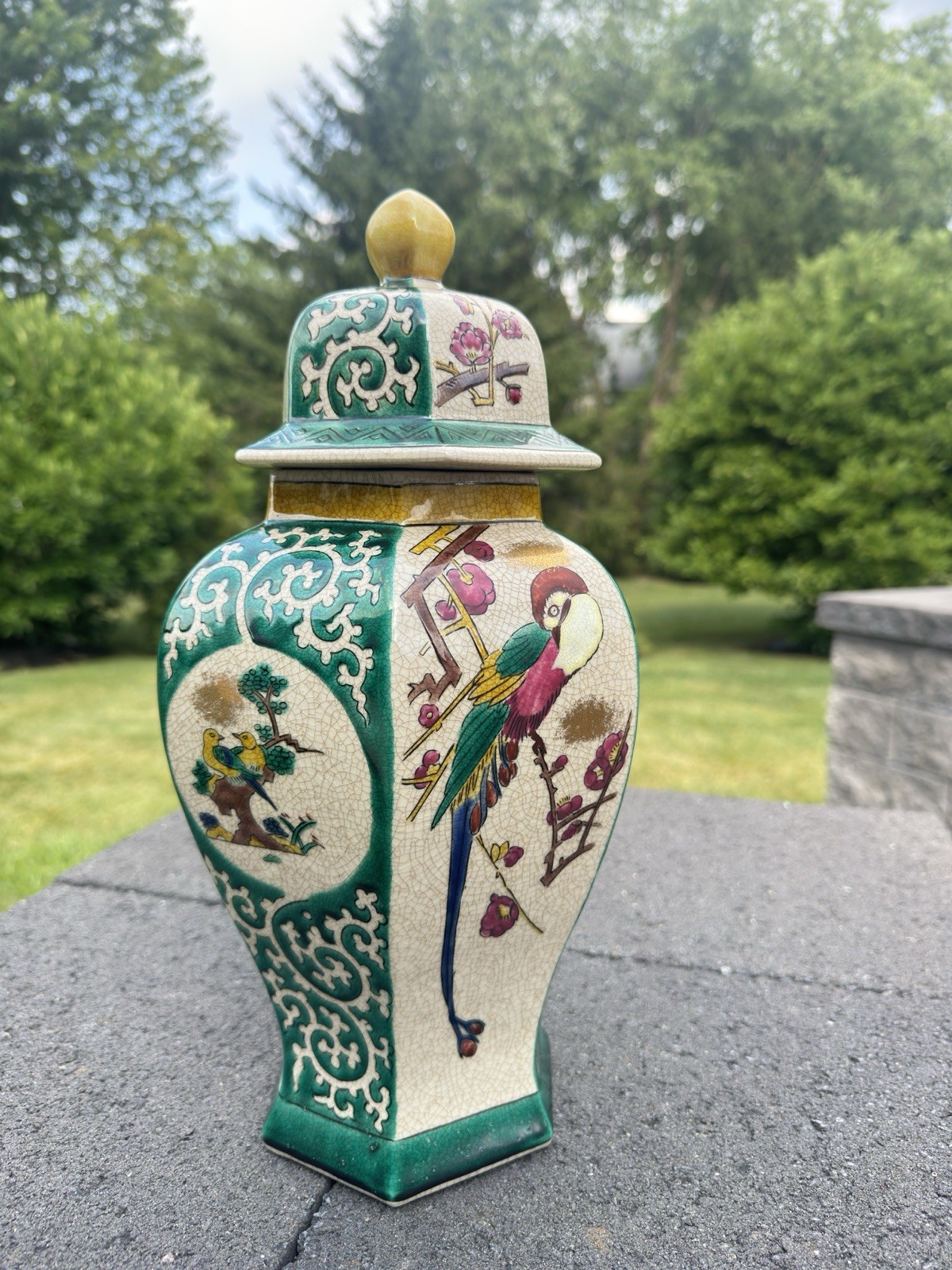 Vintage Asahi Japan Hexagonal Lidded Ginger Jar / Temple Urn 15” Tall