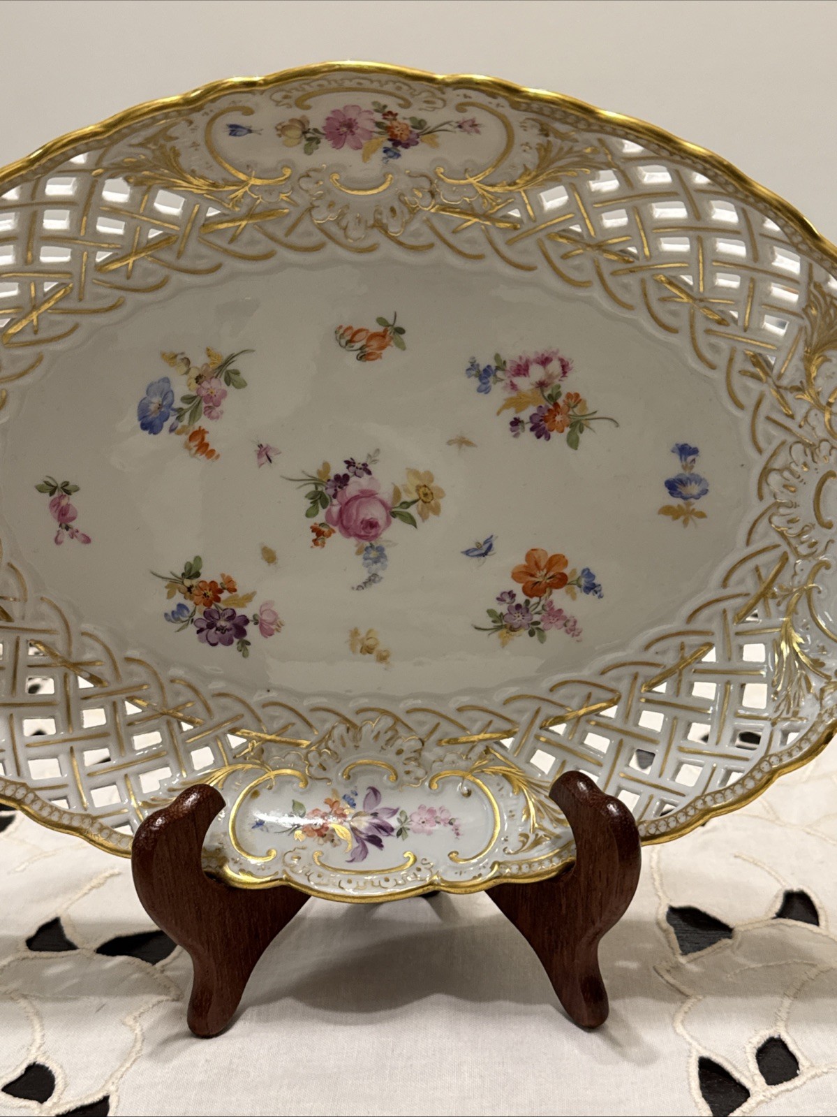 Antique Meissen Porcelain Reticulated Oval Bowl Floral Gold Basketweave Plate