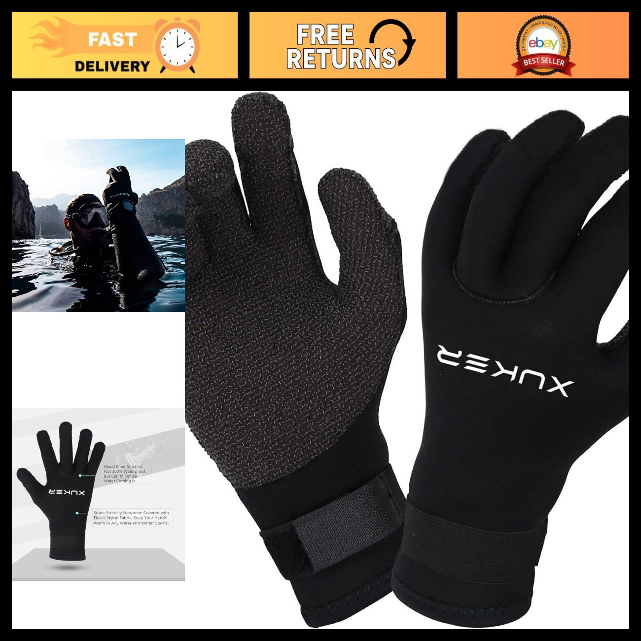Neoprene Water Gloves 3mm & 5mm, Five Finger Design for Men & Women, Swim, Dive