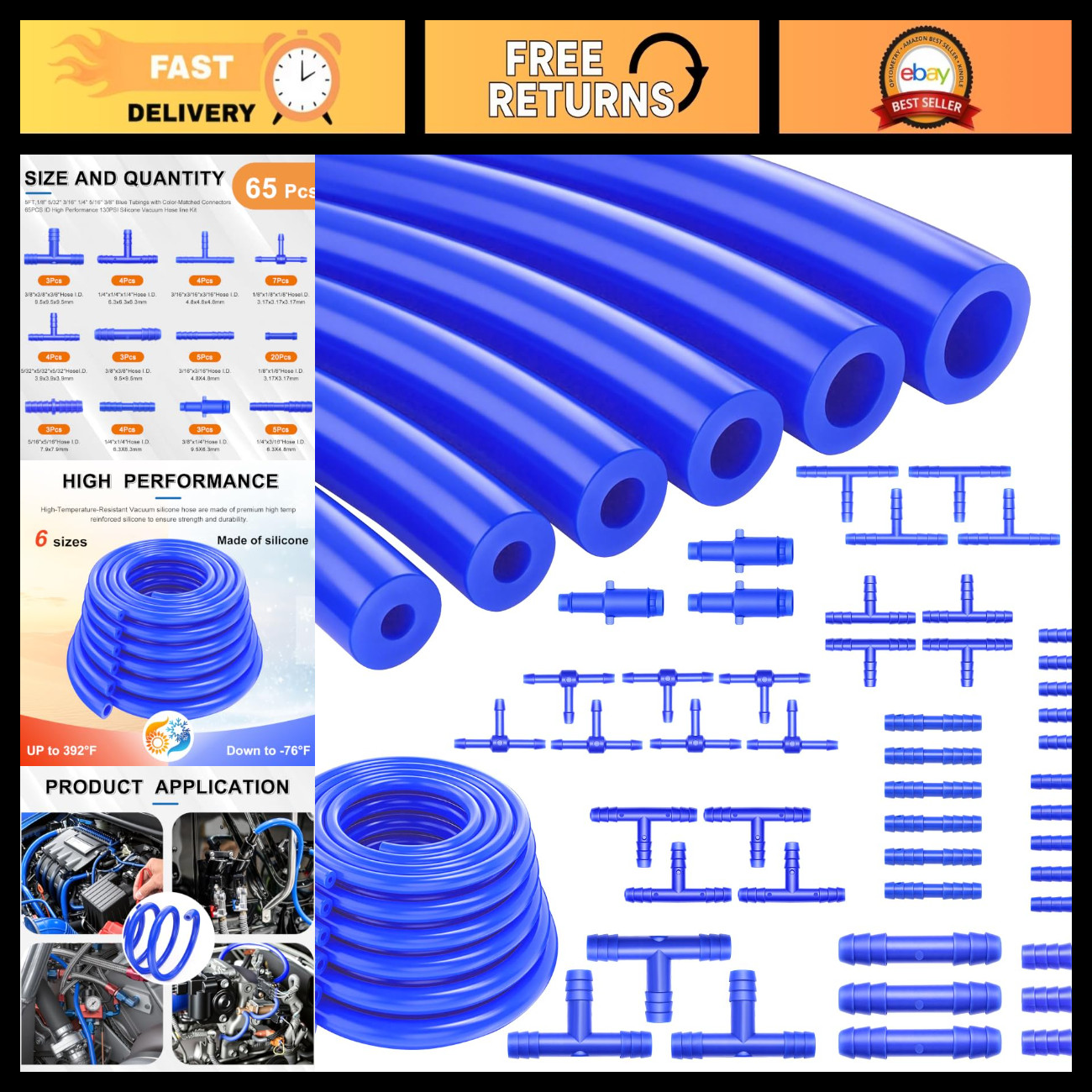 71Pcs Vacuum Line Kit - 5Ft Blue Silicone Hose & Connectors for Auto Piping Syst 71Pcs Vacuum Line Kit - 5Ft Blue Silicone Hose & Connectors for Auto Piping Syst