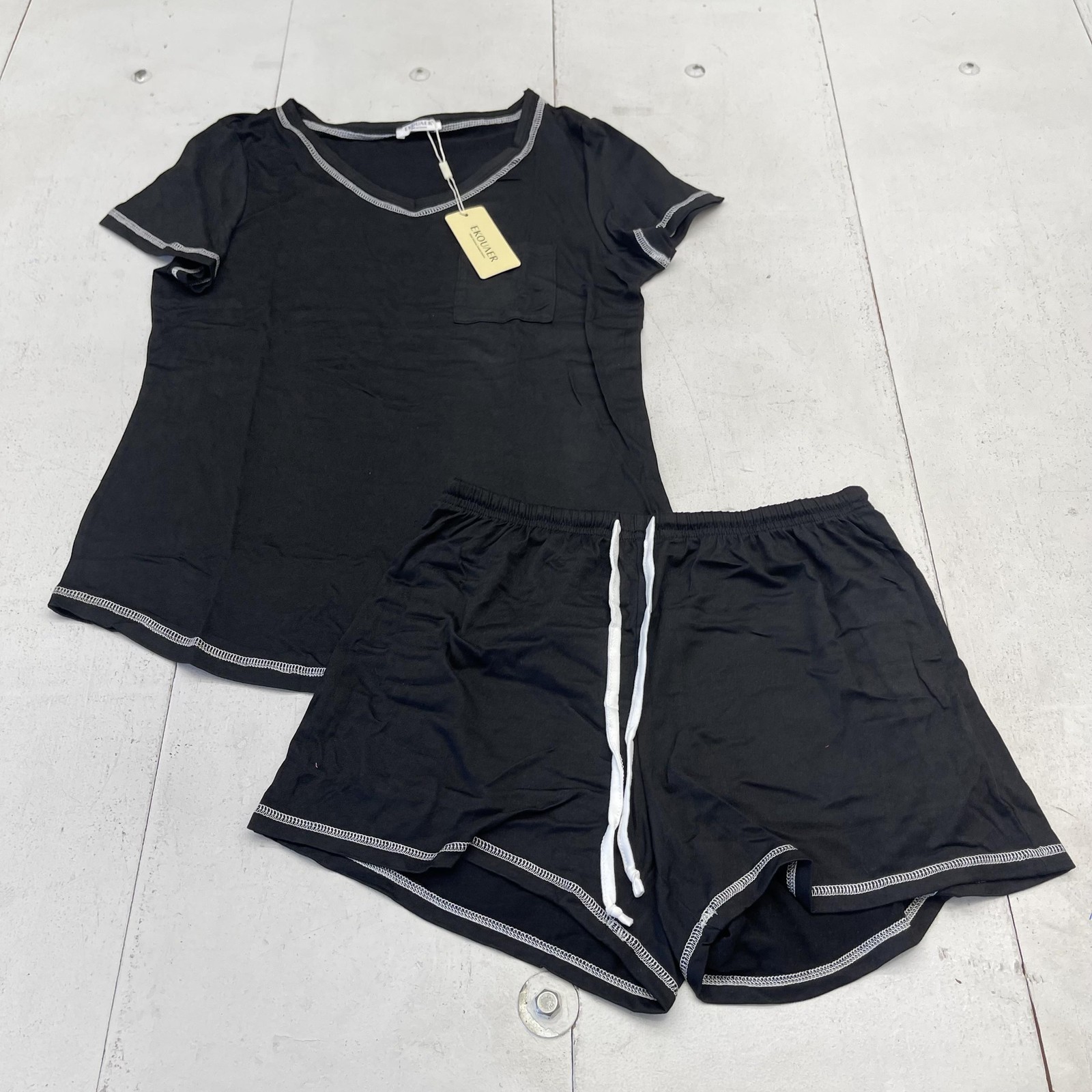 Ekouaer Pajama Set Womens S Black V Neck Short Sleeve Shorts Sleepwear Lounge