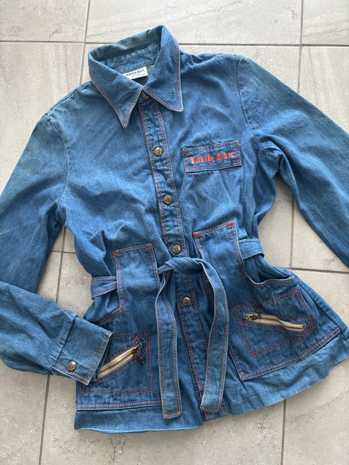 Vintage 70s Turtle Bax Denim Belt Jacket Shirt Contrast Stitch Mod Disco Boho S Vintage 70s Turtle Bax Denim Belt Jacket Shirt Contrast Stitch Mod Disco Boho S