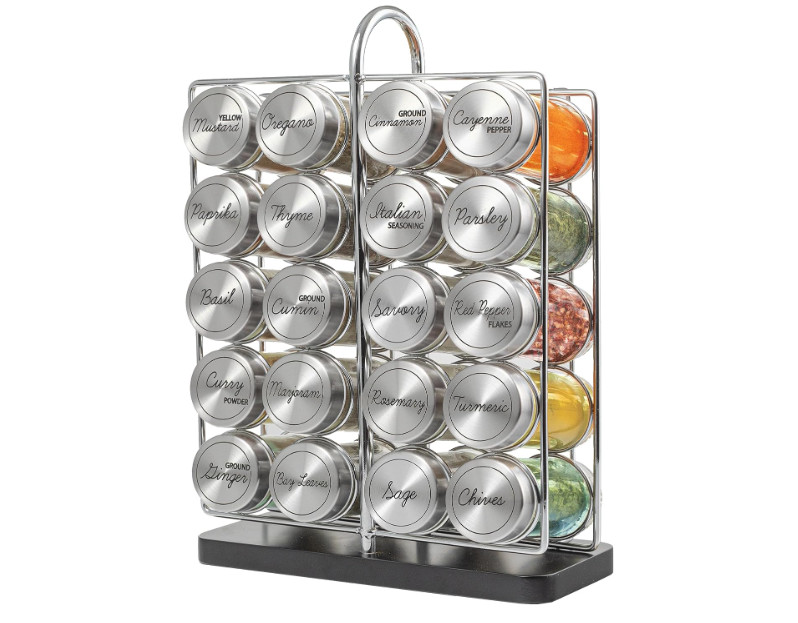 Organizador de especias de acero inoxidable con 20 frascos y recargas incluidas