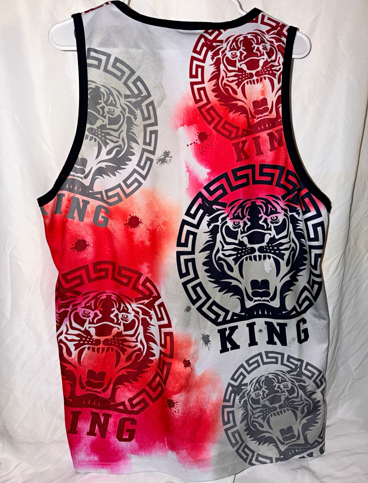 Victorious Men’s Size L Sleeveless Tank Top White/Red Tiger Graphic Round Neck