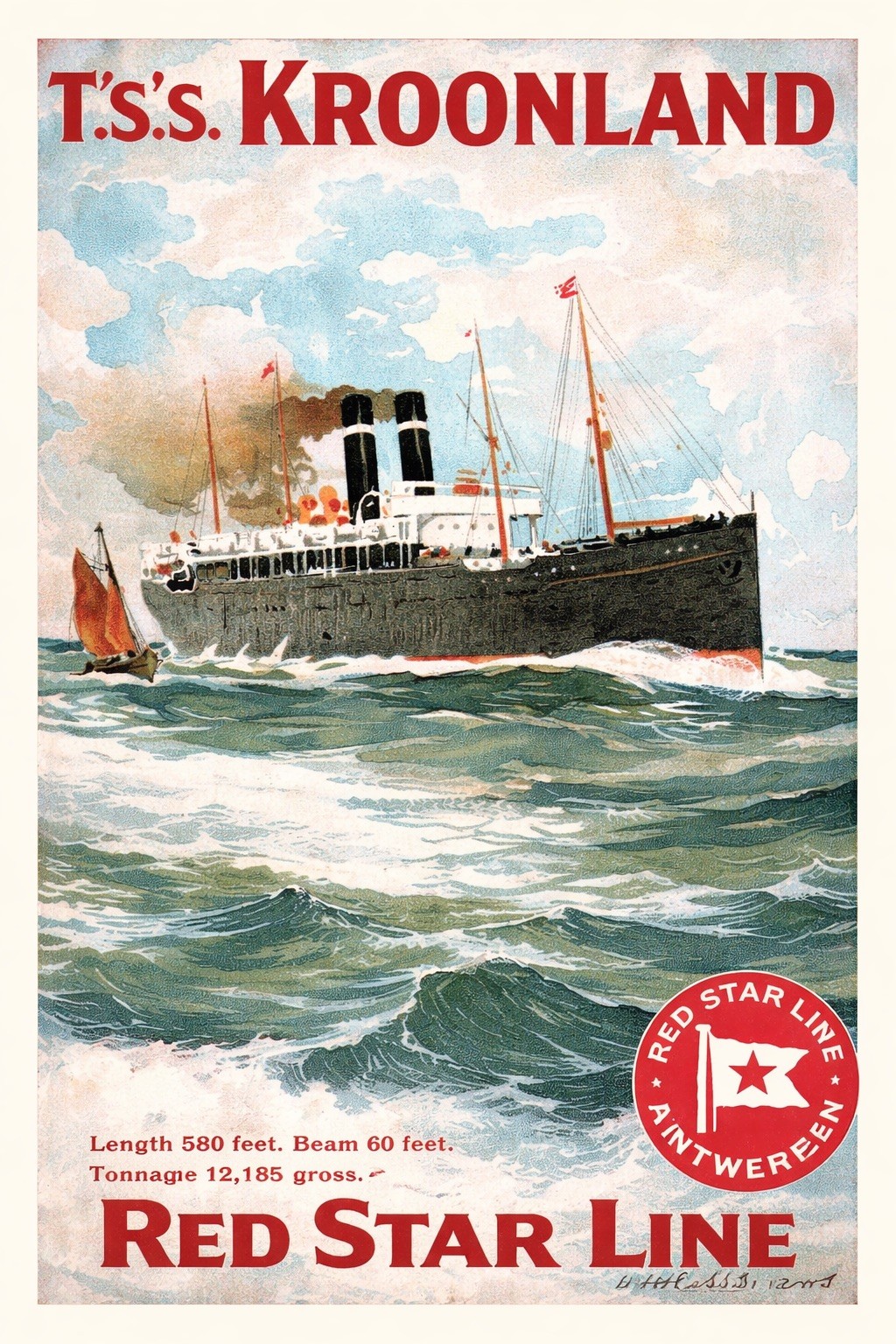 Vintage T.S.S. Kroonland Ship Poster 🌊 - 1910s Nautical Art - 24x36” - Premium