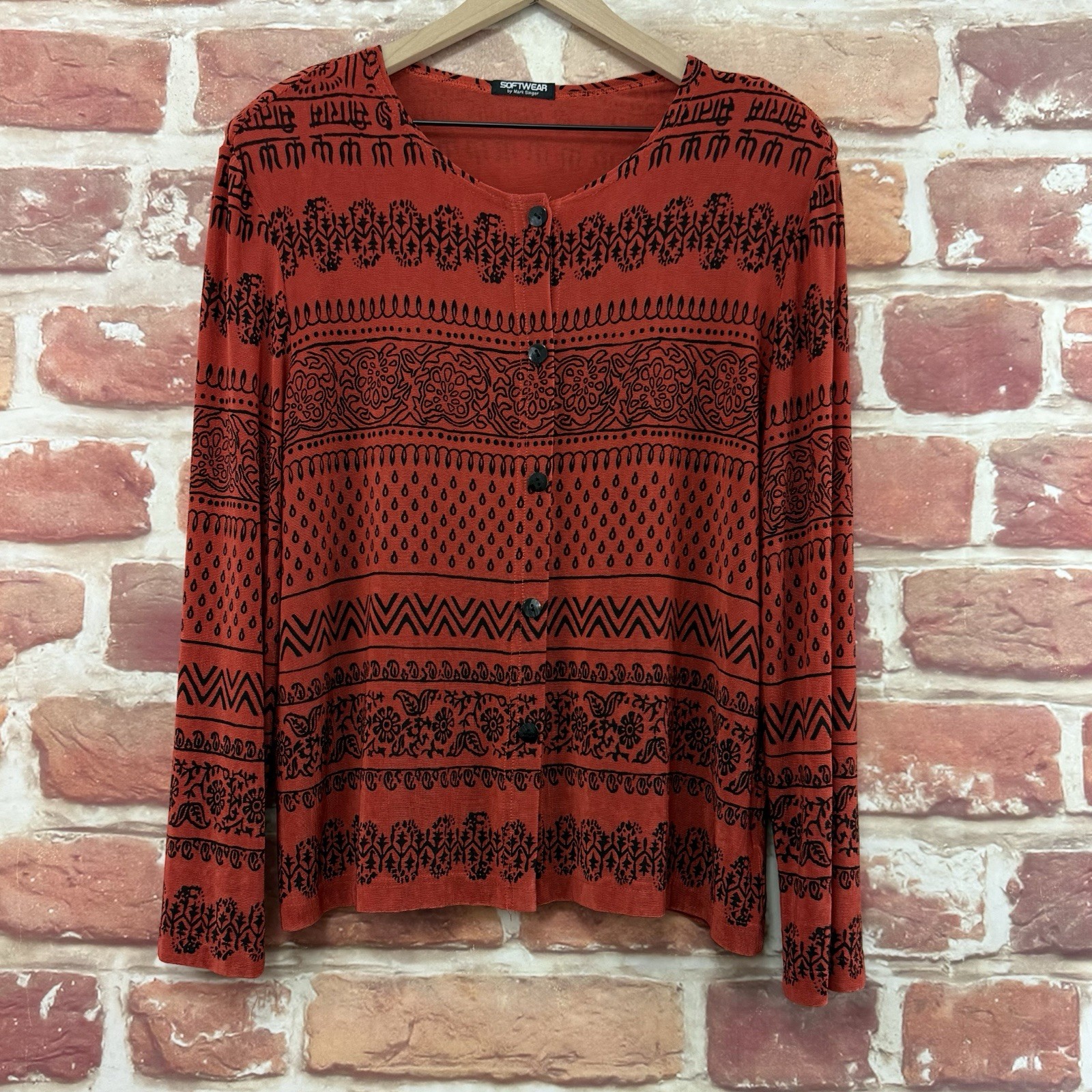 Softwear Mark Singer Top Womens L Rust Red Boho Batik Slinky Casual Career Shirt
