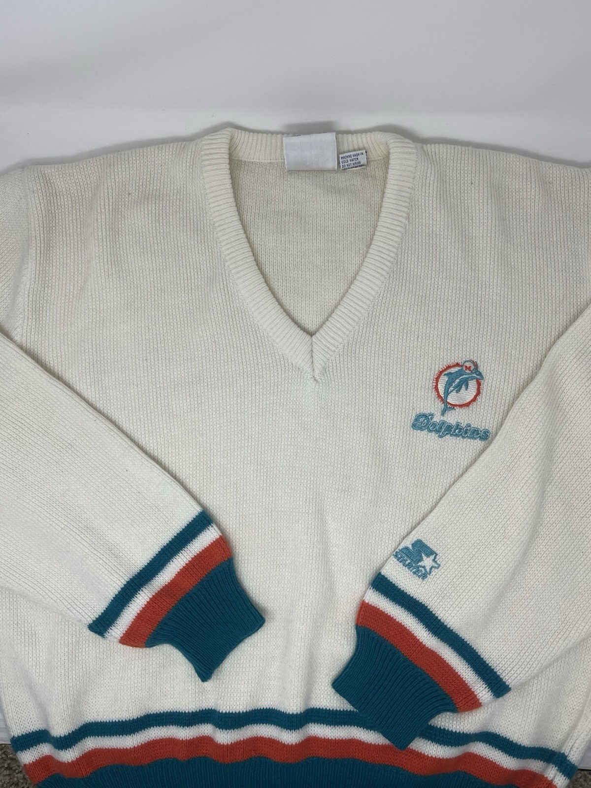 Vintage 80/90s Miami Dolphins NFL Starter V Neck White Sweater (L) Boxy Fit