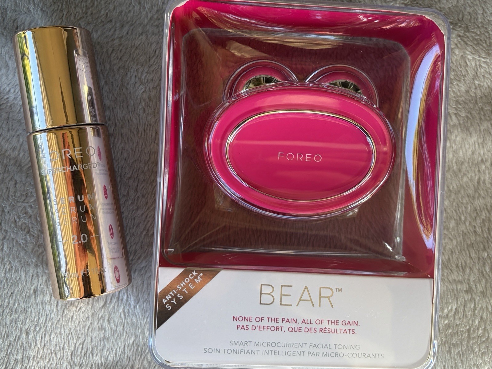 FOREO BEAR MICROCURRENT FUCHSIA PINK NEW DEVICE FACIAL TONING TOOL SERUM SET