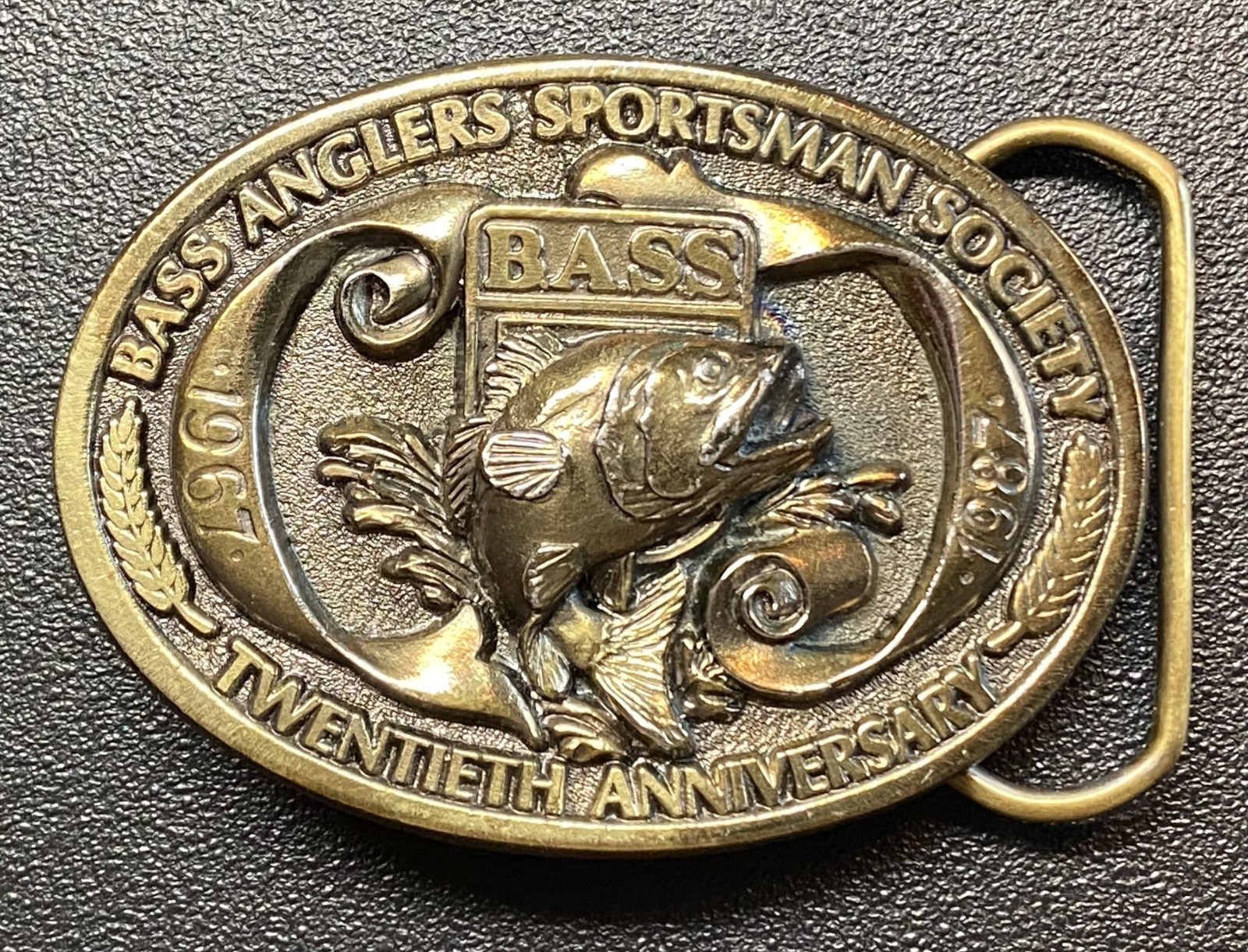 VTG 1987 BASS ANGLERS SPORTSMAN SOCIETY 20TH ANNIV BRASS BELT BUCKLE LIMITED