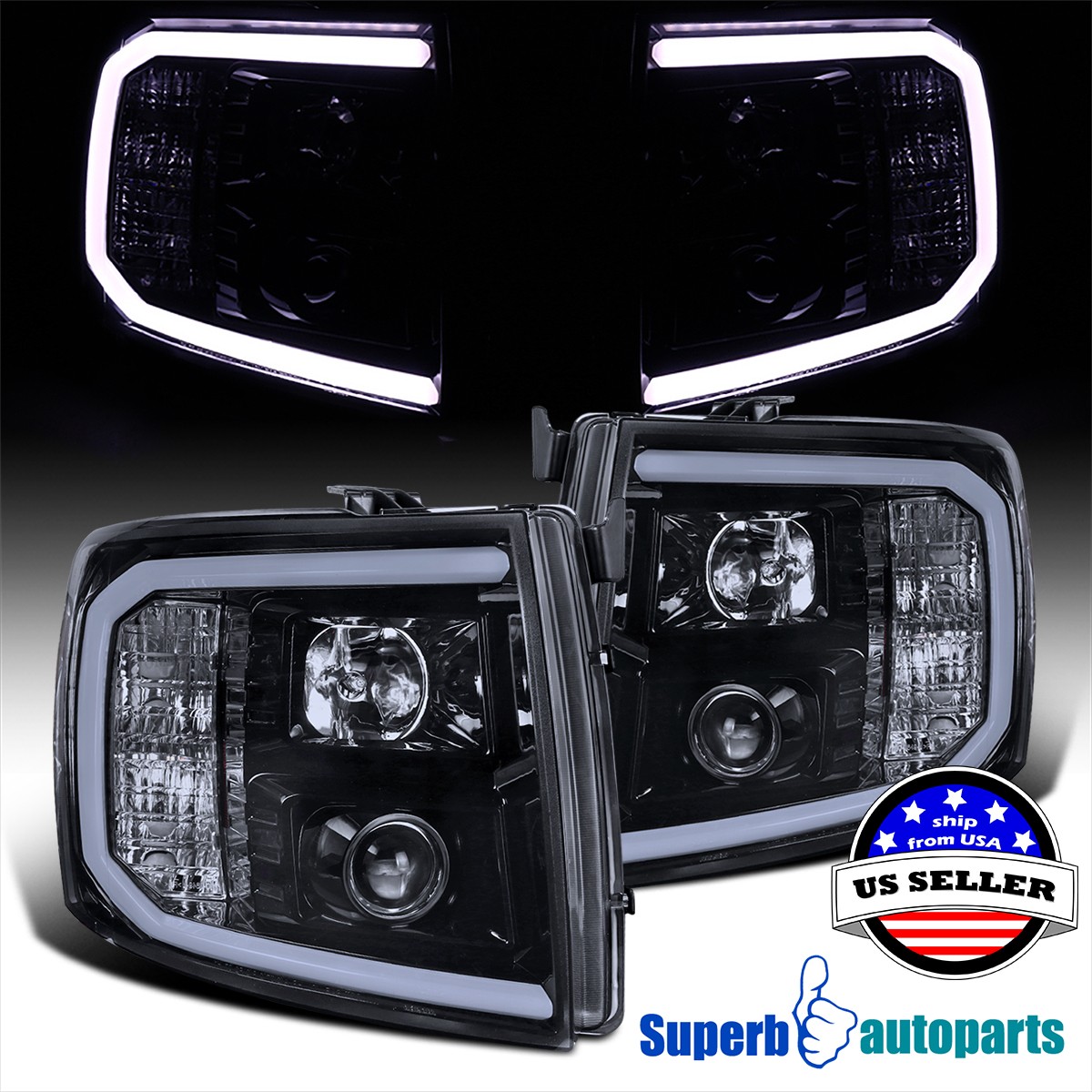 Fits 2007-2014 Silverado 1500 2500 3500 Black Smoke Projector Headlights Fits 2007-2014 Silverado 1500 2500 3500 Black Smoke Projector Headlights