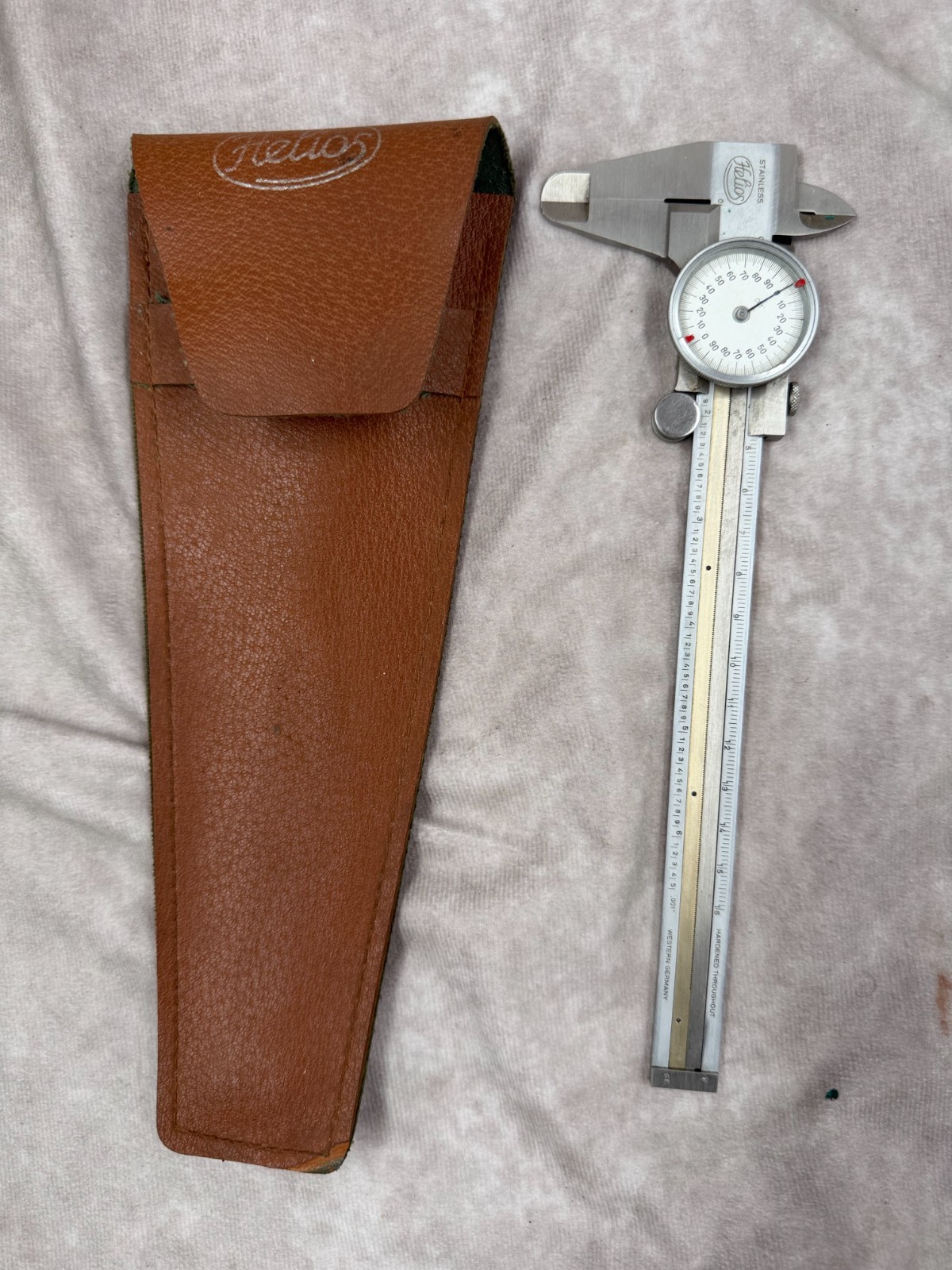 Vintage Helios Dial Caliper .001 Stainless Steel West Germany w Case Sheath