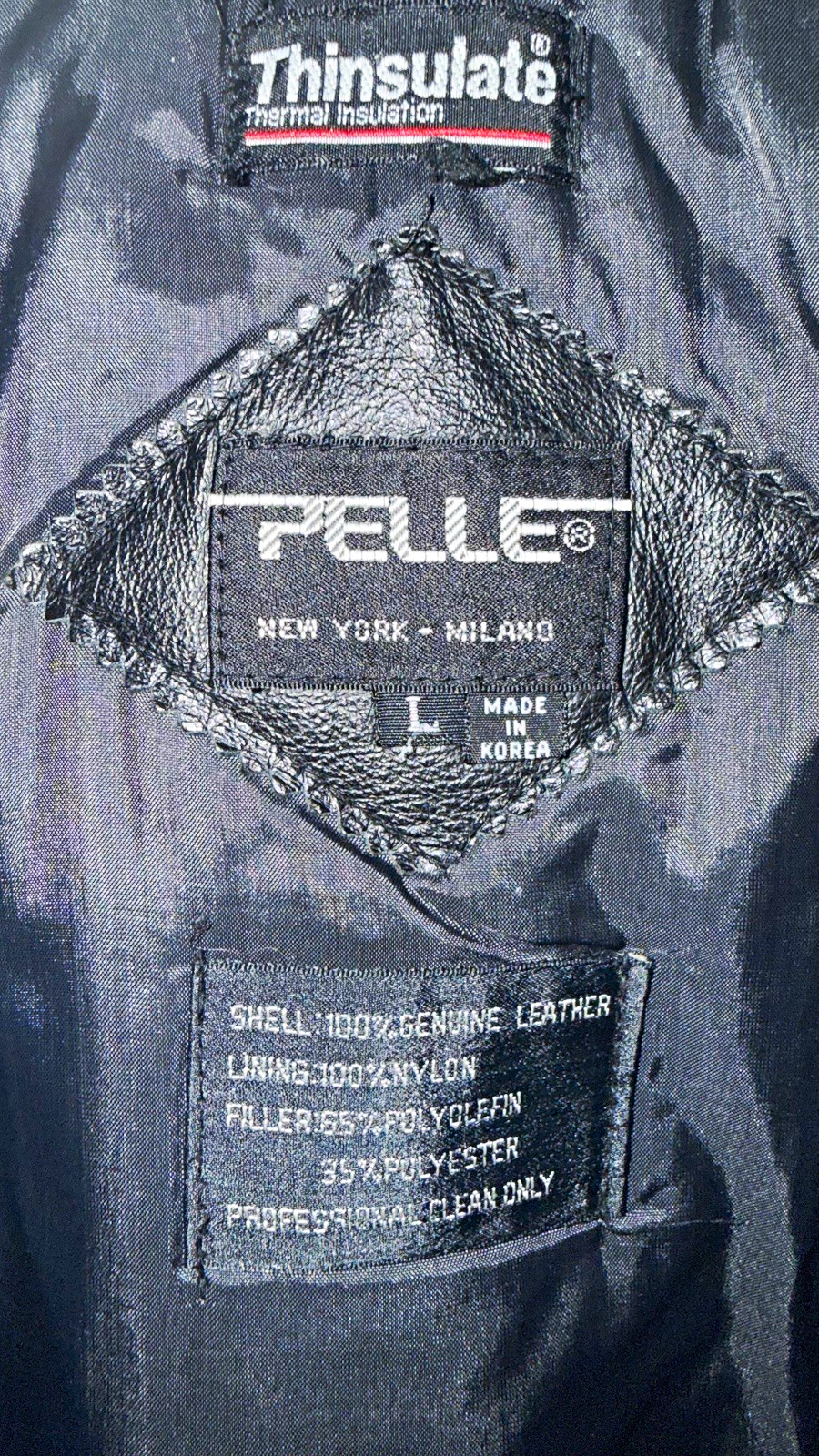Pelle NY-Milano Black Leather Jacket Size L Insulated, Removable Liner