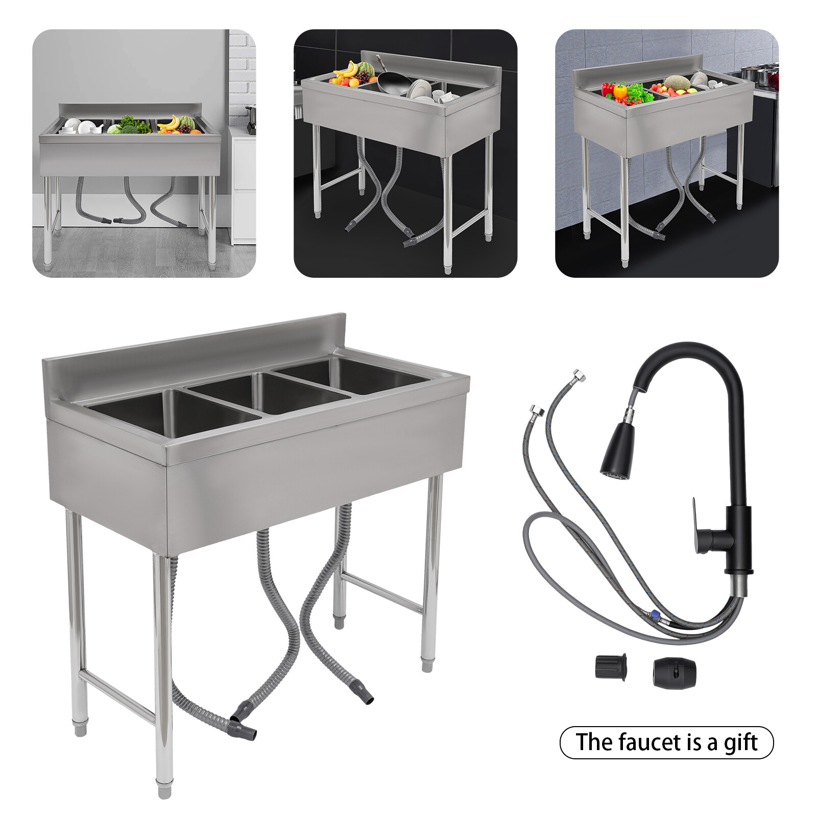 Commercial Kitchen Sink 3 Compartment Utility Sink With Faucet Stainless Steel