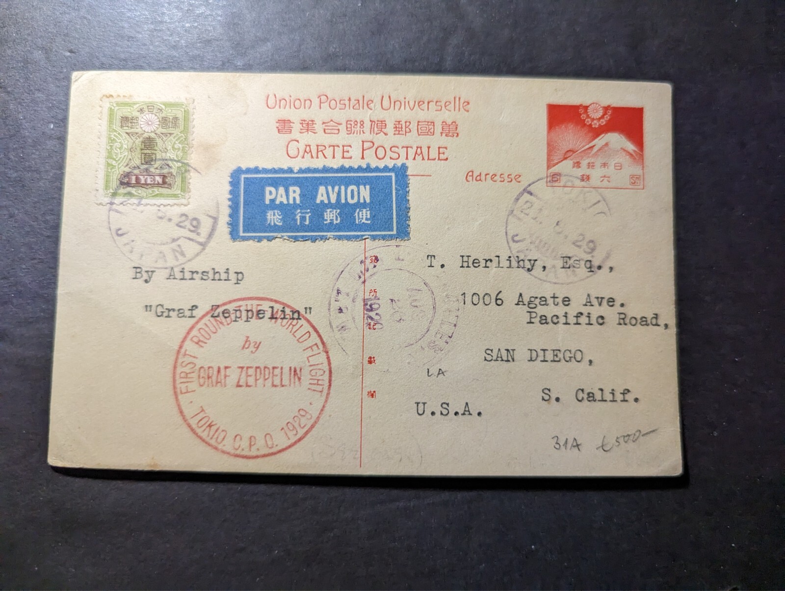 1929 Japan LZ 127 Graf Zeppelin Airmail Postcard Cover Tokyo to San Diego CA USA 1929 Japan LZ 127 Graf Zeppelin Airmail Postcard Cover Tokyo to San Diego CA USA