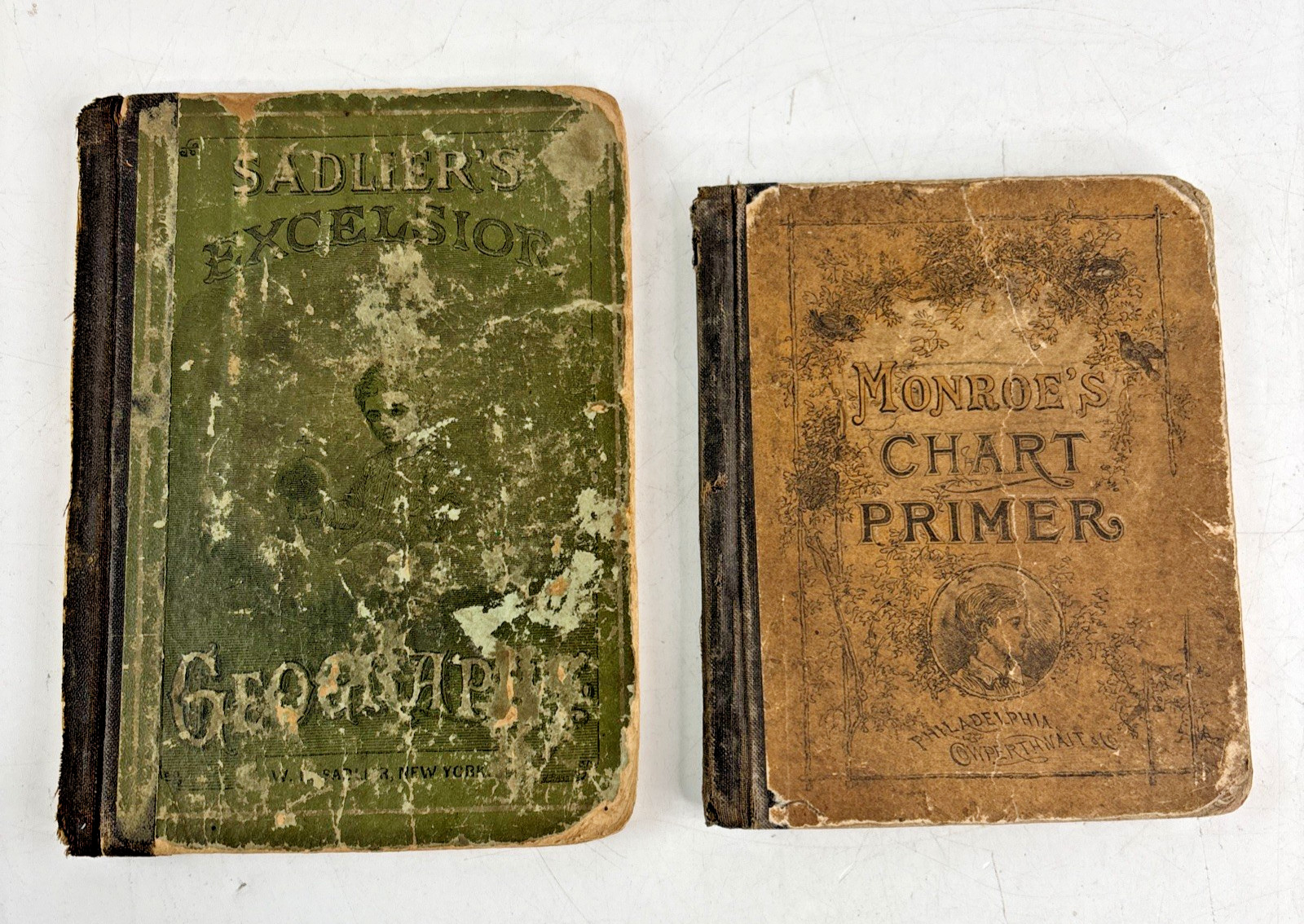 2 Antique School Books Monroe\'s Chart Primer & Sadlier\'s Excelsior Geography 2 Antique School Books Monroe\'s Chart Primer & Sadlier\'s Excelsior Geography