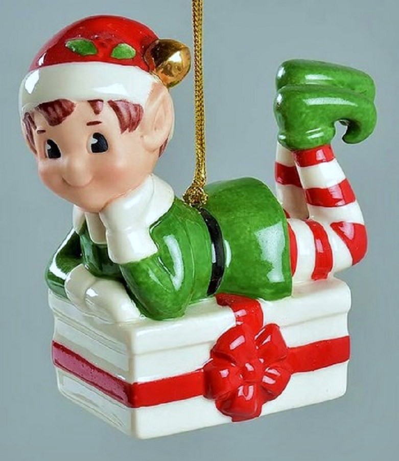 Lenox Christmas ELF on PRESENT Ornament Porcelain 14k Gold  Trim NEW Boxed