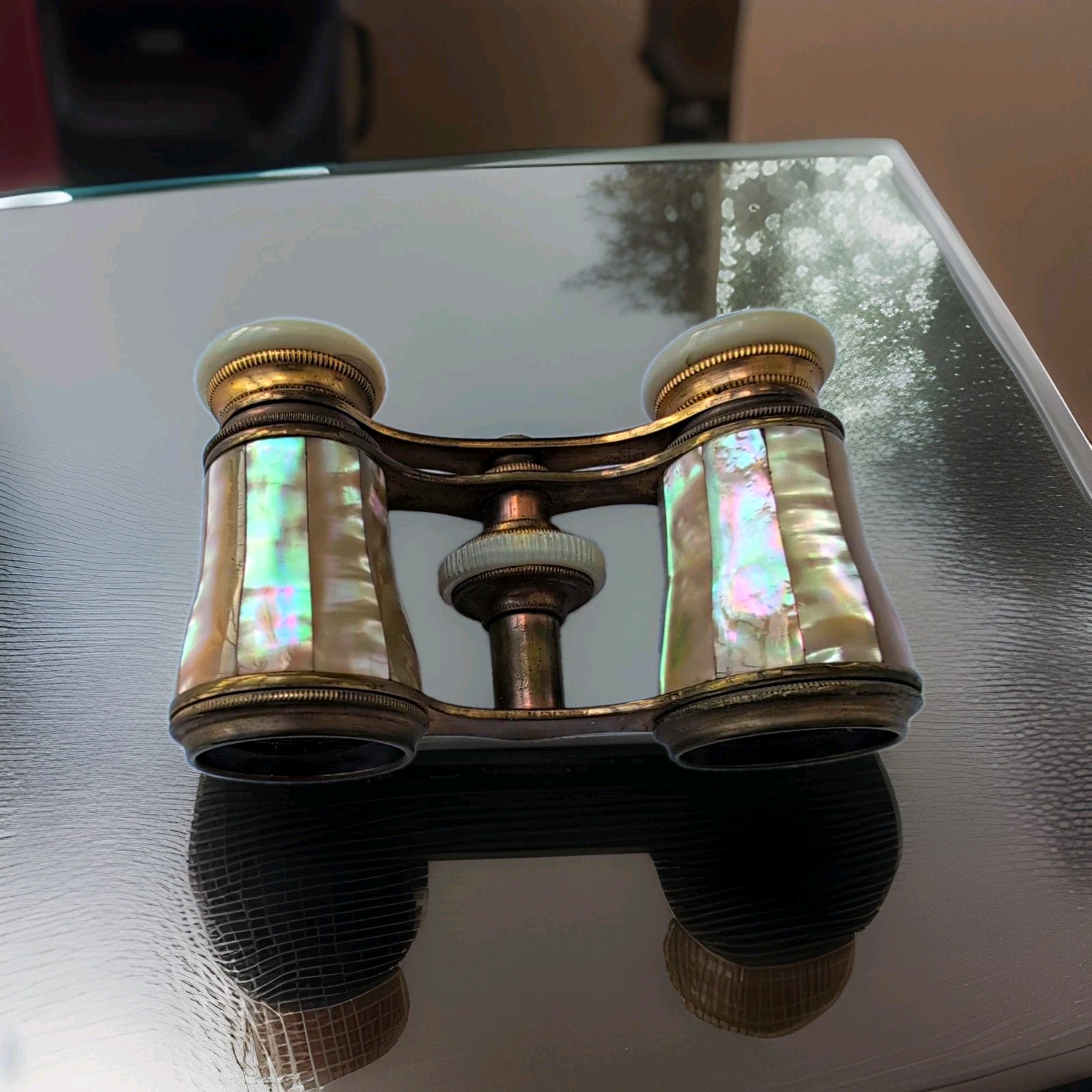 Antique c1900 Marchand Paris Opera Glasses Mother of Pearl Brass w Case