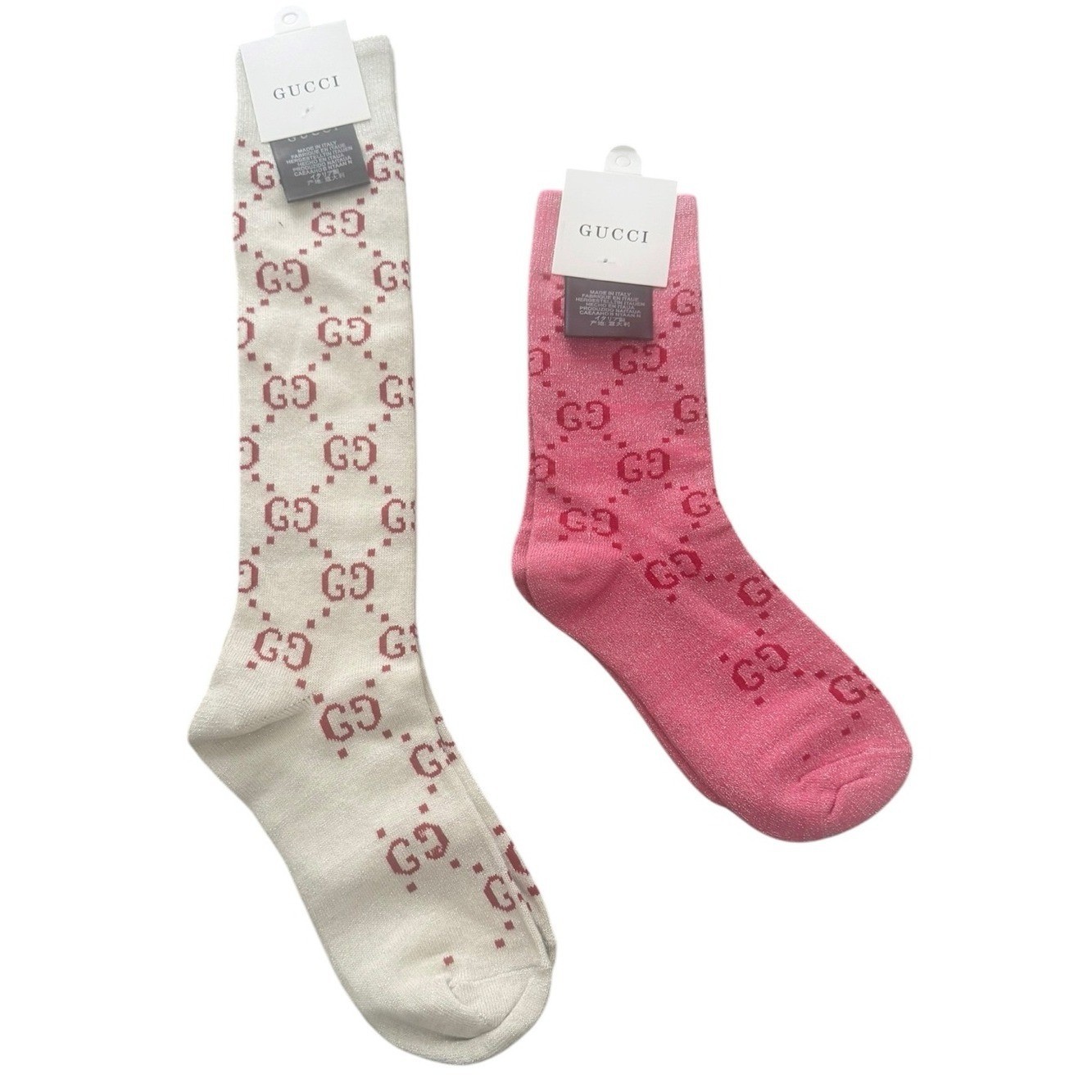 2 Pair Gucci Outlet GG Monogram Socks. 1 Knee High & 1 Crew— Pink & Gray