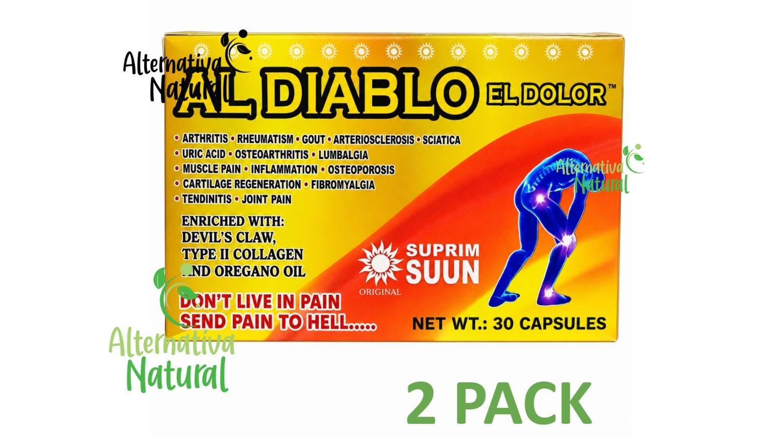 2 PACK AL DIABLO EL DOLOR GLUCOSAMINE SHARK CARTILAGE TURMERIC COLLAGEN 60 CAPS 2 PACK AL DIABLO EL DOLOR GLUCOSAMINE SHARK CARTILAGE TURMERIC COLLAGEN 60 CAPS