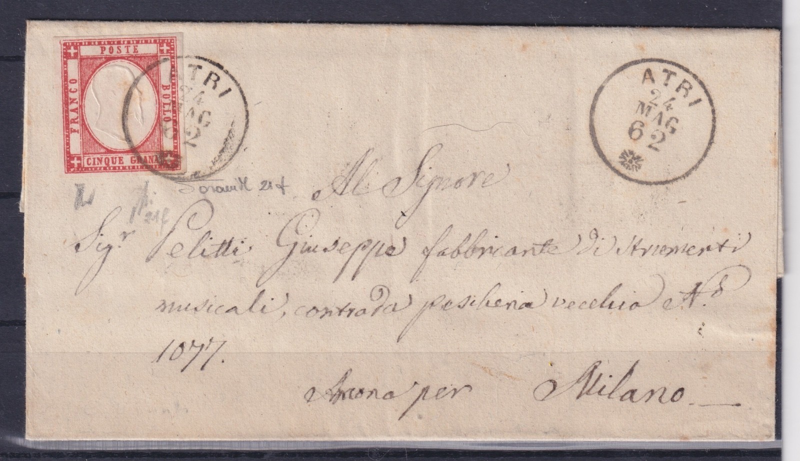 1862 NEAPOLITAN PROVINCES LETTER CERTIFIED SORANI-AVI 1862 NEAPOLITAN PROVINCES LETTER CERTIFIED SORANI-AVI