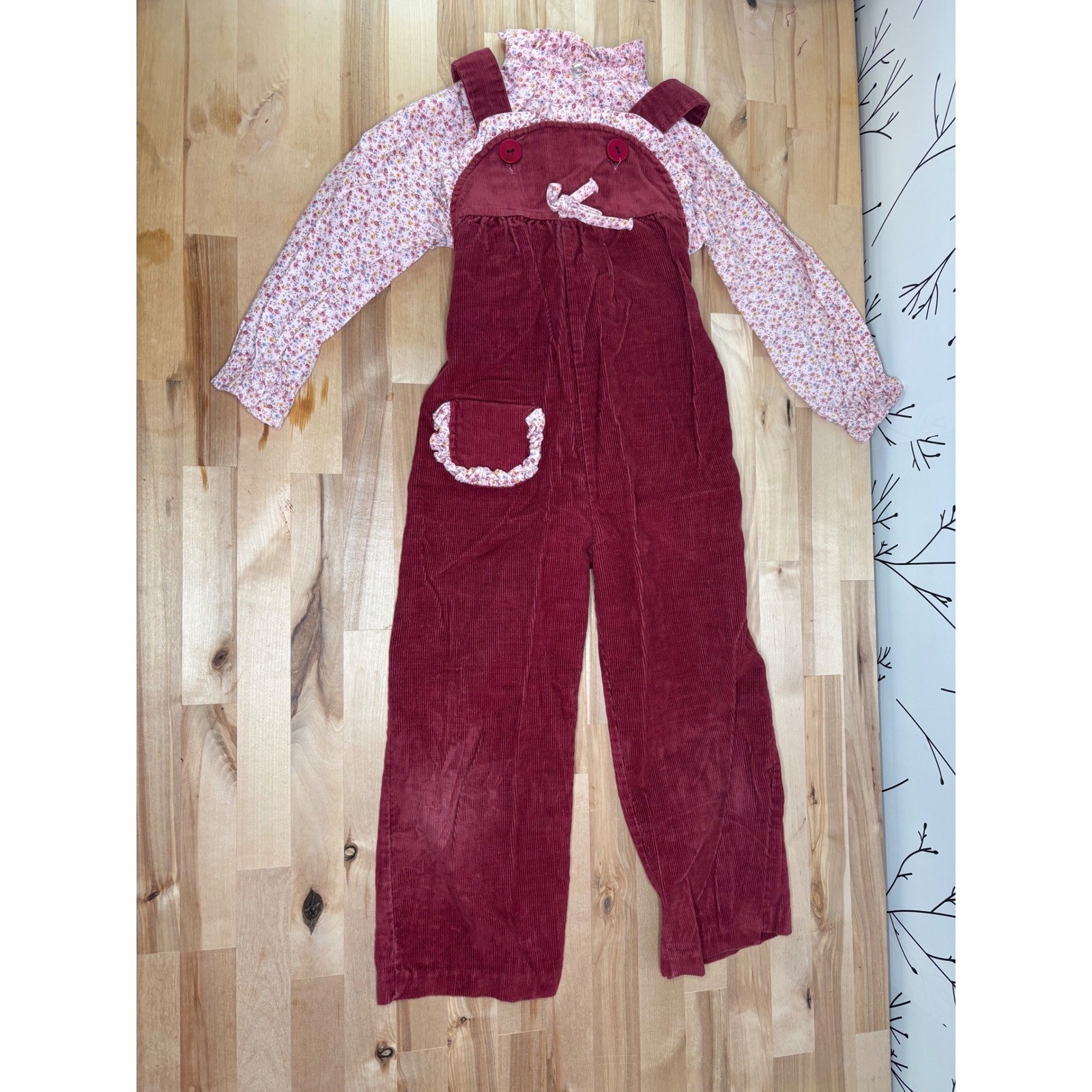 Vintage Doe Spun Girls 4 Corduroy Overalls Floral Blouse Set Burgundy Pink USA