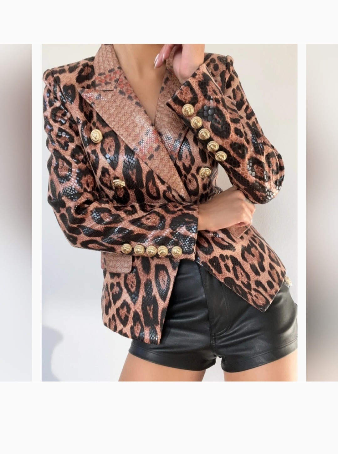 Occident Leopard Pattern Women\'s Lapel Coats Jacket Double-breasted Slim Fit Top