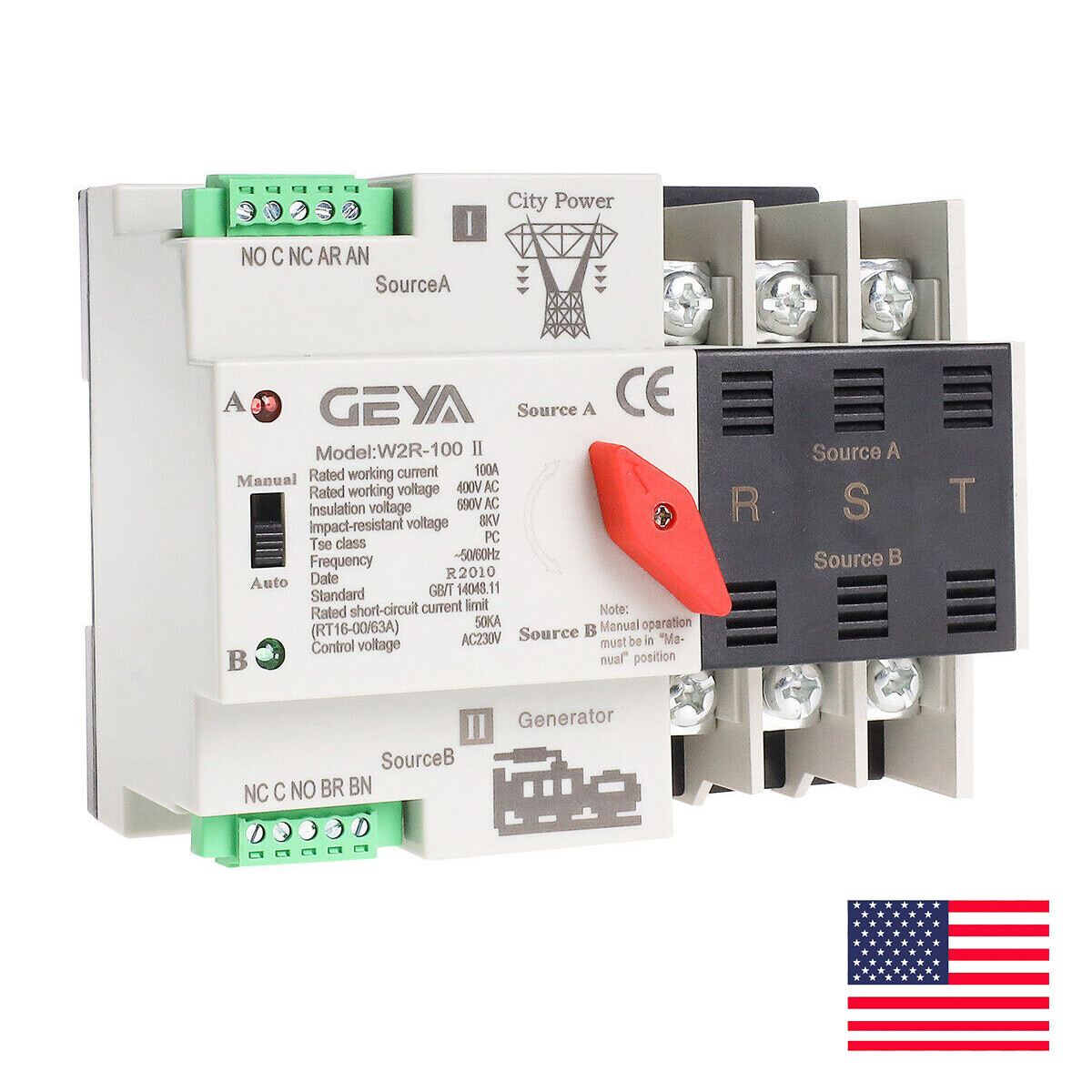 GEYA ATS PC Dual Power Automatic Power 3Pole 100A 220V Transfer Switch Grid NEW