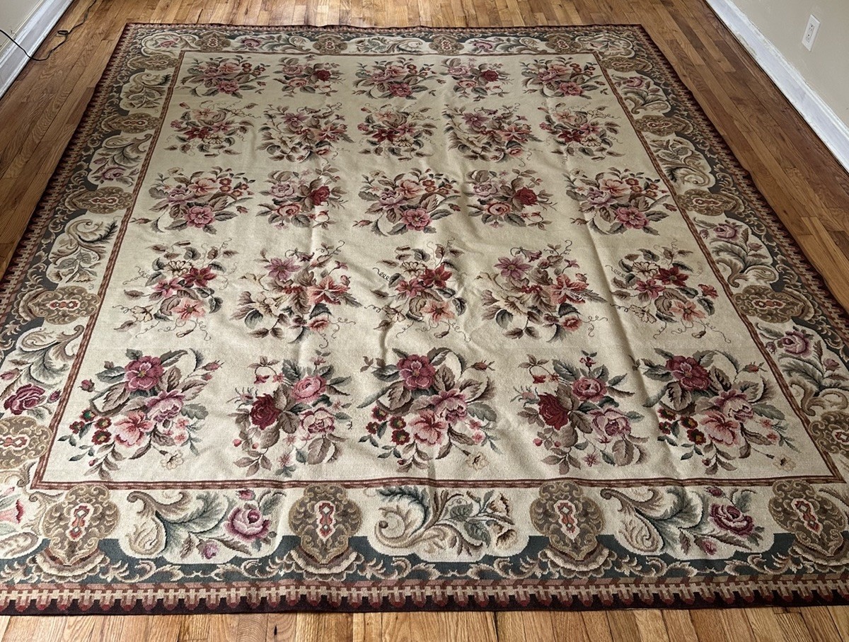 Vintage Belgian Woven Tapestry Needlepoint Floral Aubusson Area Rug 115x82 Roses