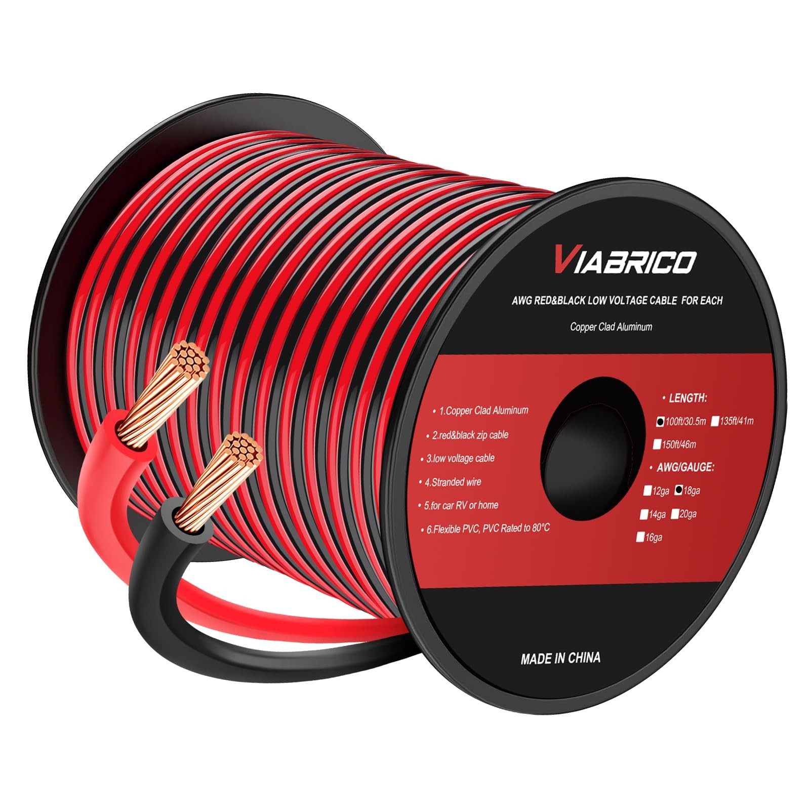 VIABRICO 18AWG 100FT Electrical Wire Cable 2 Conductors Red 100FT, Red&Black