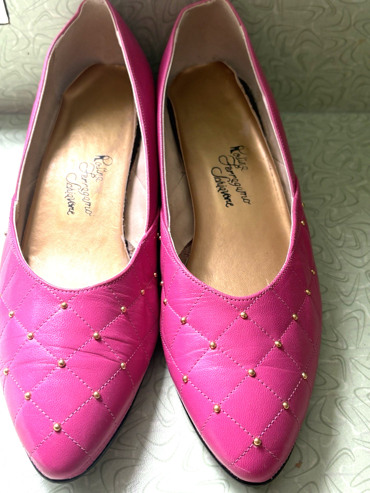 VTG Rosina Ferragamo Schiavone Pink Quilted Leather Studded Heels Italy Sz 10 M VTG Rosina Ferragamo Schiavone Pink Quilted Leather Studded Heels Italy Sz 10 M