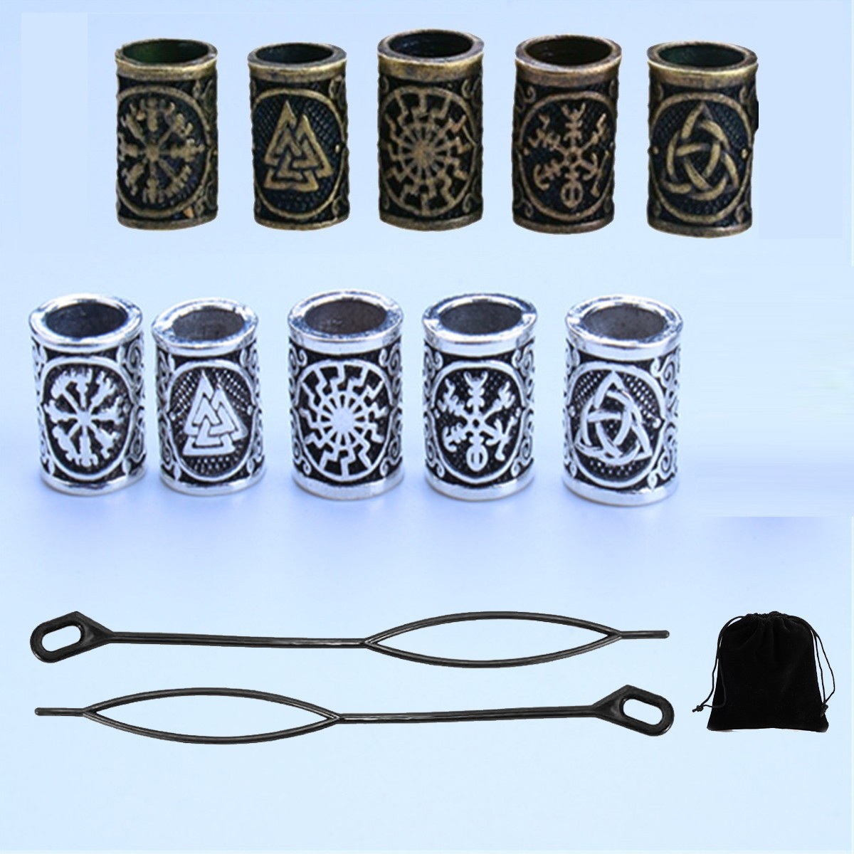 10x Bronze Silver Viking Rune Beads Norse Viking Beads Hair Beard Braiding Beads