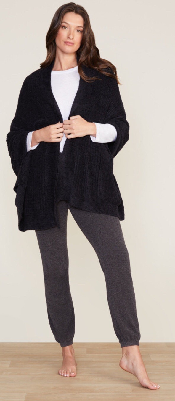 NWT Barefoot Dreams CozyChic Lite Travel Shawl w/Pockets Black One Size