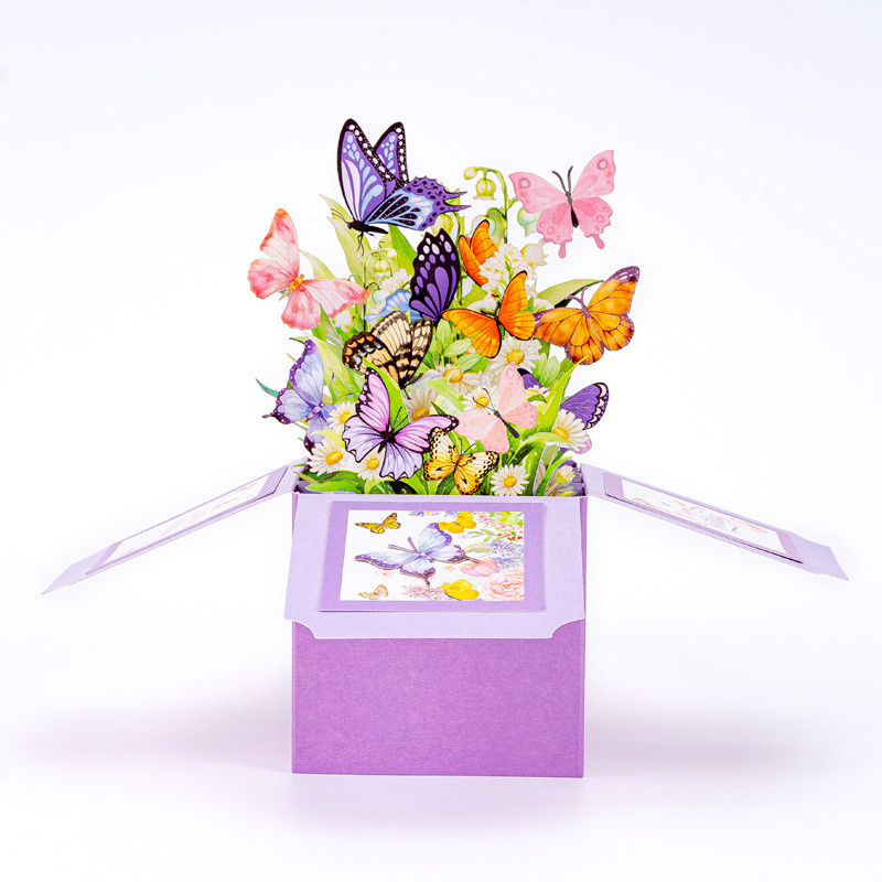 Box Style 3D Butterfly Pop Up Card Blank Handwrite Greeting Card for Birthday