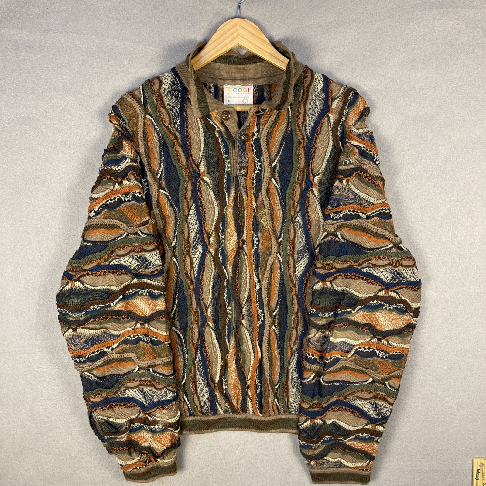 Vintage Coogi Australia 3D Knit Sweater Mens Large Earth Tones Mercerized