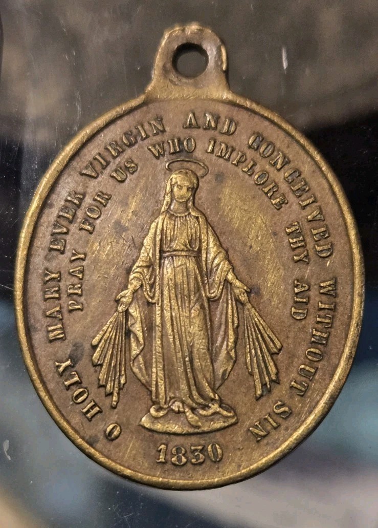 19th C Bronze Miraculous Medal O Holy Mary Ever Virgin 1830 Catholic Pendant