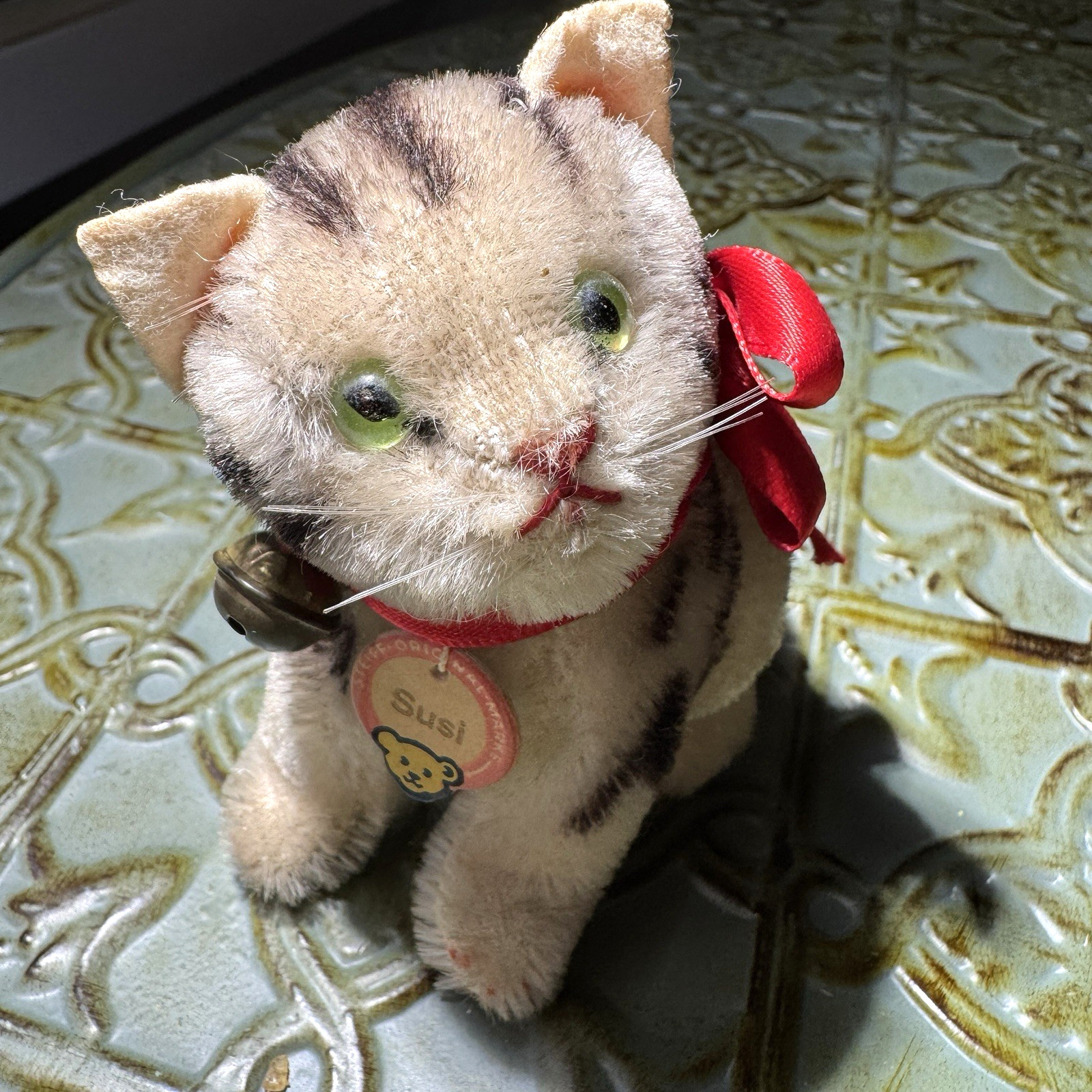 RARE Mini Steiff 1950's Susi Tabby  Cat. Original,Tag, Ribbon, Bell Excellent