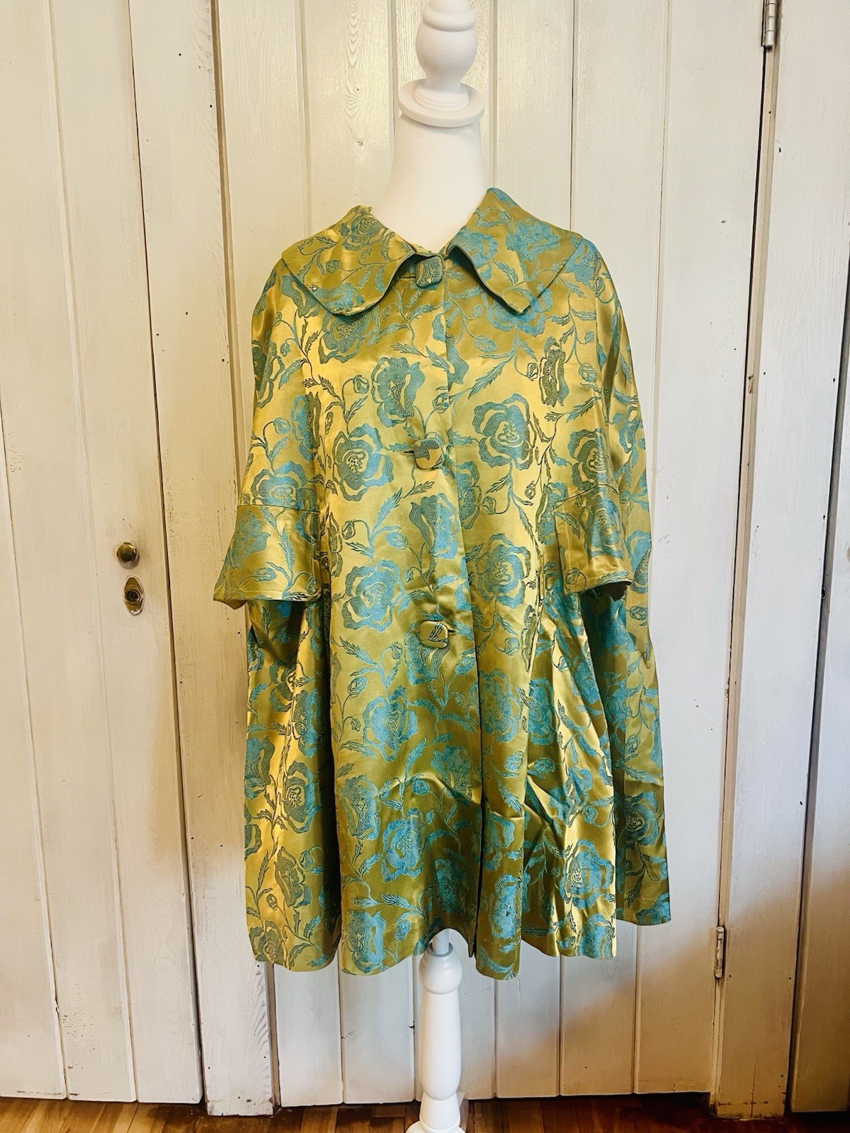 Vintage 1950’s Silk Chartreuse & Teal Floral Brocade OS