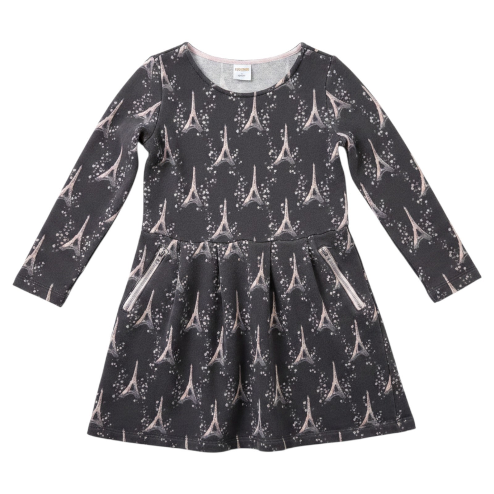 Gymboree Starry Night Dress Girls 7 Gray Pink Eiffel Tower Long Sleeve Terry