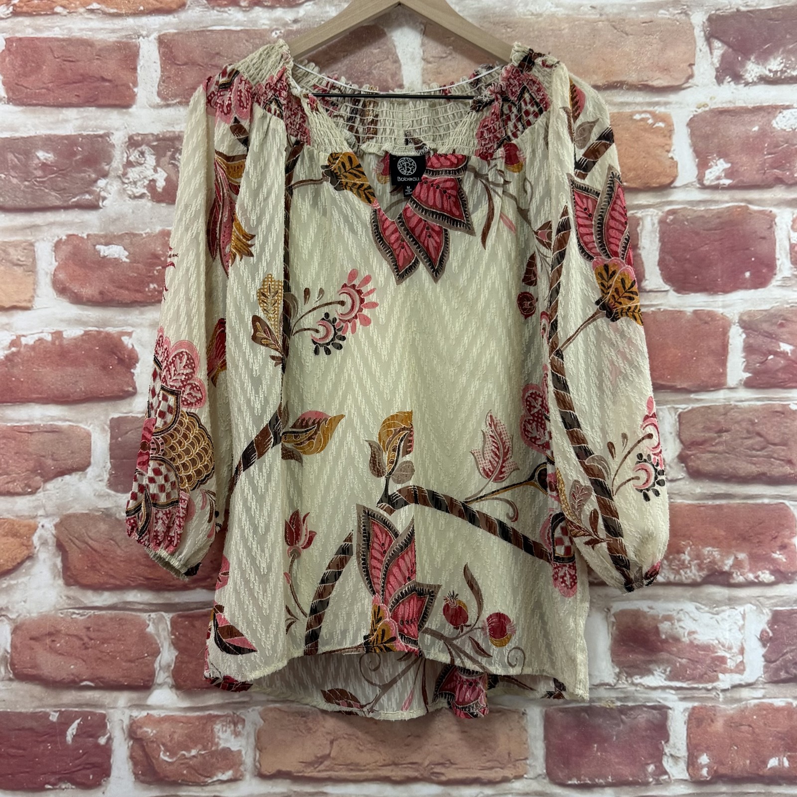 Bobeau Top Womens Medium Cream Multicolor Boho Floral Abstract Burnout Shirt